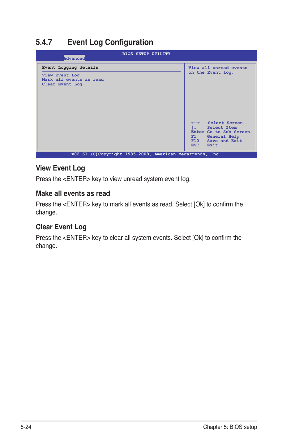 7 event log configuration, Event log configuration -24, View event log | Make all events as read, Clear event log | Asus RS700-E6/RS4 User Manual | Page 72 / 138