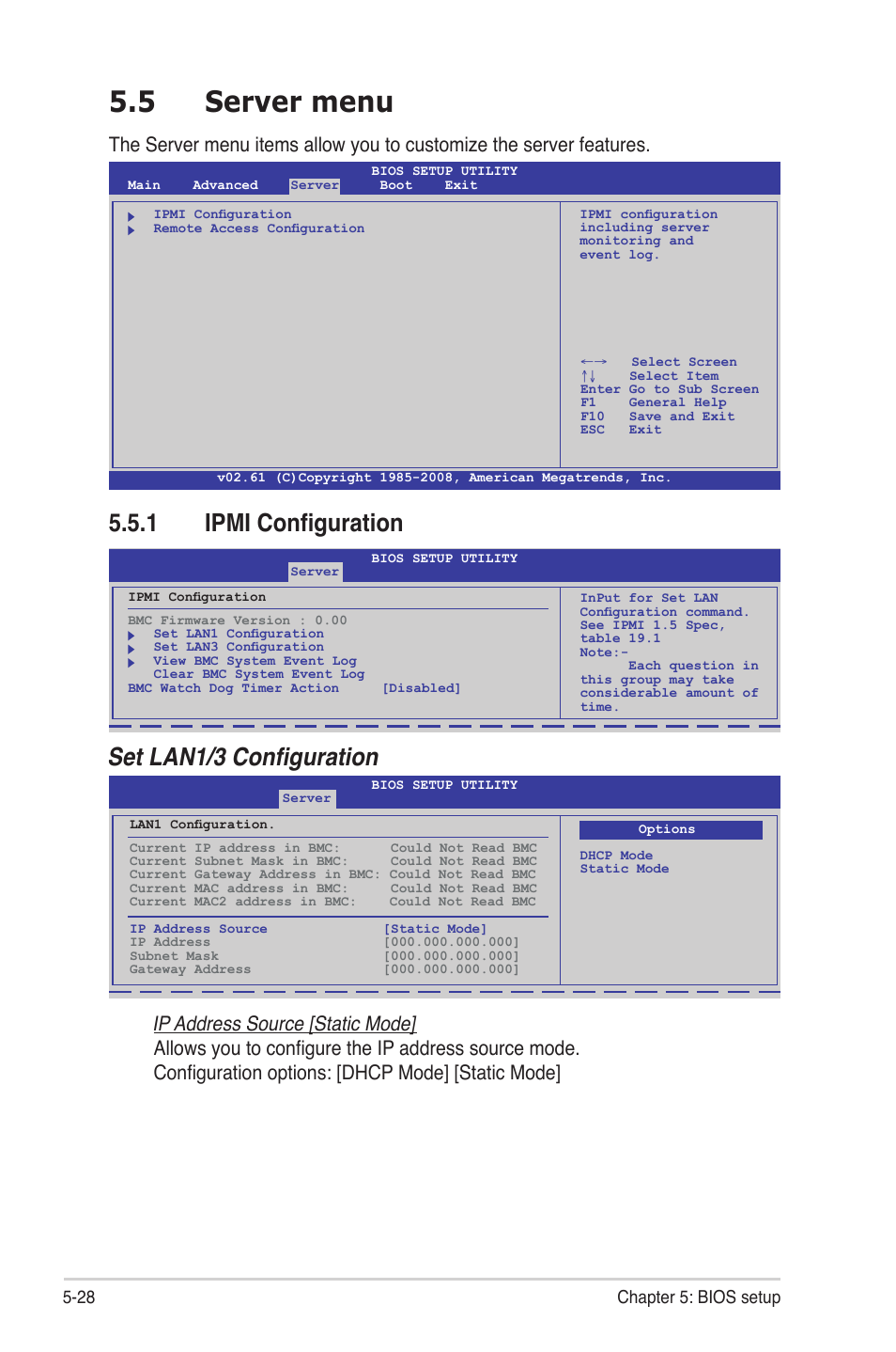 5 server menu, 1 ipmi configuration, Server menu -28 5.5.1 | Ipmi configuration -28, 1 ipmi configuration set lan1/3 configuration, 28 chapter 5: bios setup | Asus RS700-E6/RS4 User Manual | Page 76 / 138