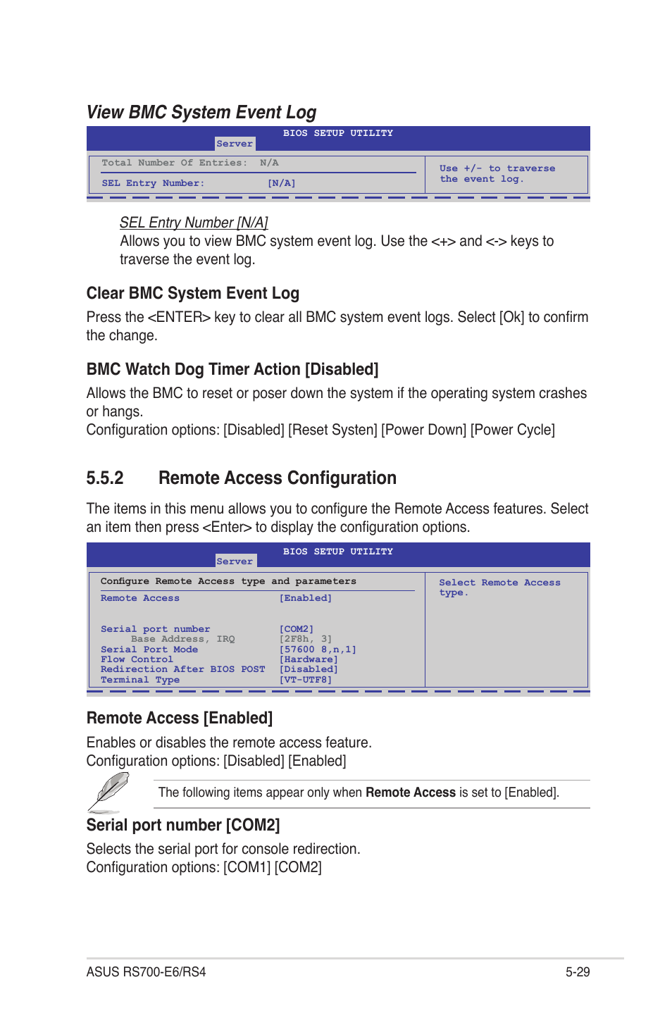 2 remote access configuration, Remote access configuration -29, View bmc system event log | Clear bmc system event log, Bmc watch dog timer action [disabled, Remote access [enabled, Serial port number [com2 | Asus RS700-E6/RS4 User Manual | Page 77 / 138