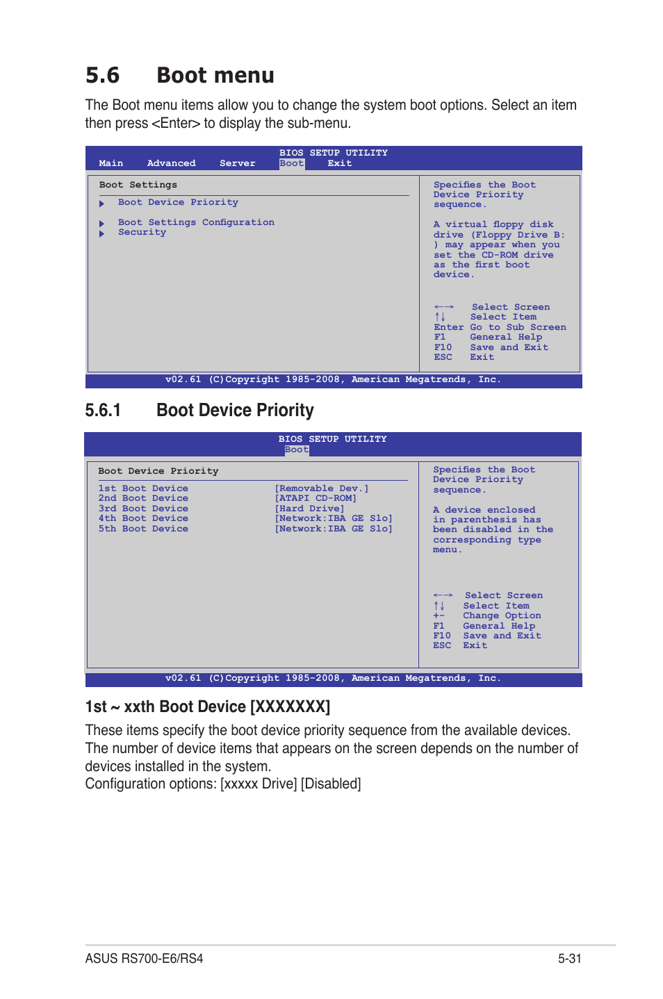 6 boot menu, 1 boot device priority, Boot menu -31 5.6.1 | Boot device priority -31 | Asus RS700-E6/RS4 User Manual | Page 79 / 138