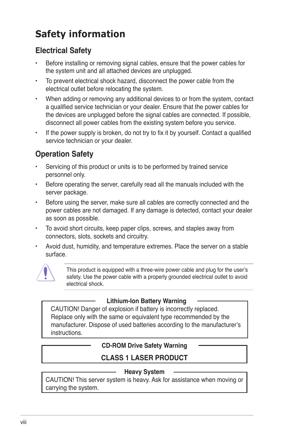 Safety information, Electrical safety, Operation safety | Asus RS700-E6/RS4 User Manual | Page 8 / 138