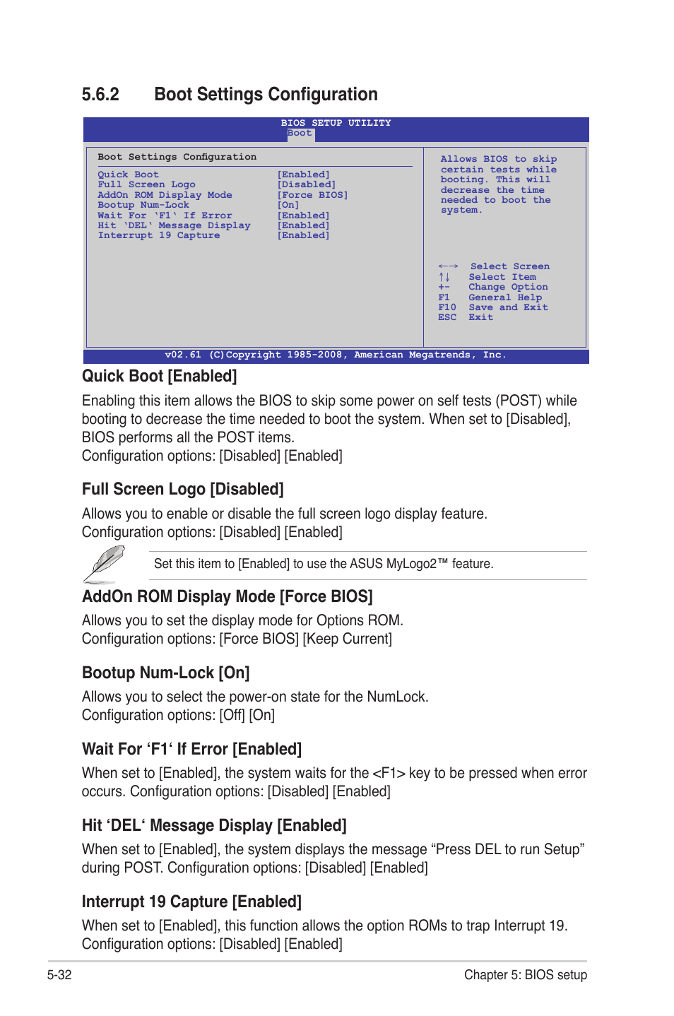 2 boot settings configuration, Boot settings configuration -32, Quick boot [enabled | Full screen logo [disabled, Addon rom display mode [force bios, Bootup num-lock [on, Wait for ‘f1‘ if error [enabled, Hit ‘del‘ message display [enabled, Interrupt 19 capture [enabled | Asus RS700-E6/RS4 User Manual | Page 80 / 138
