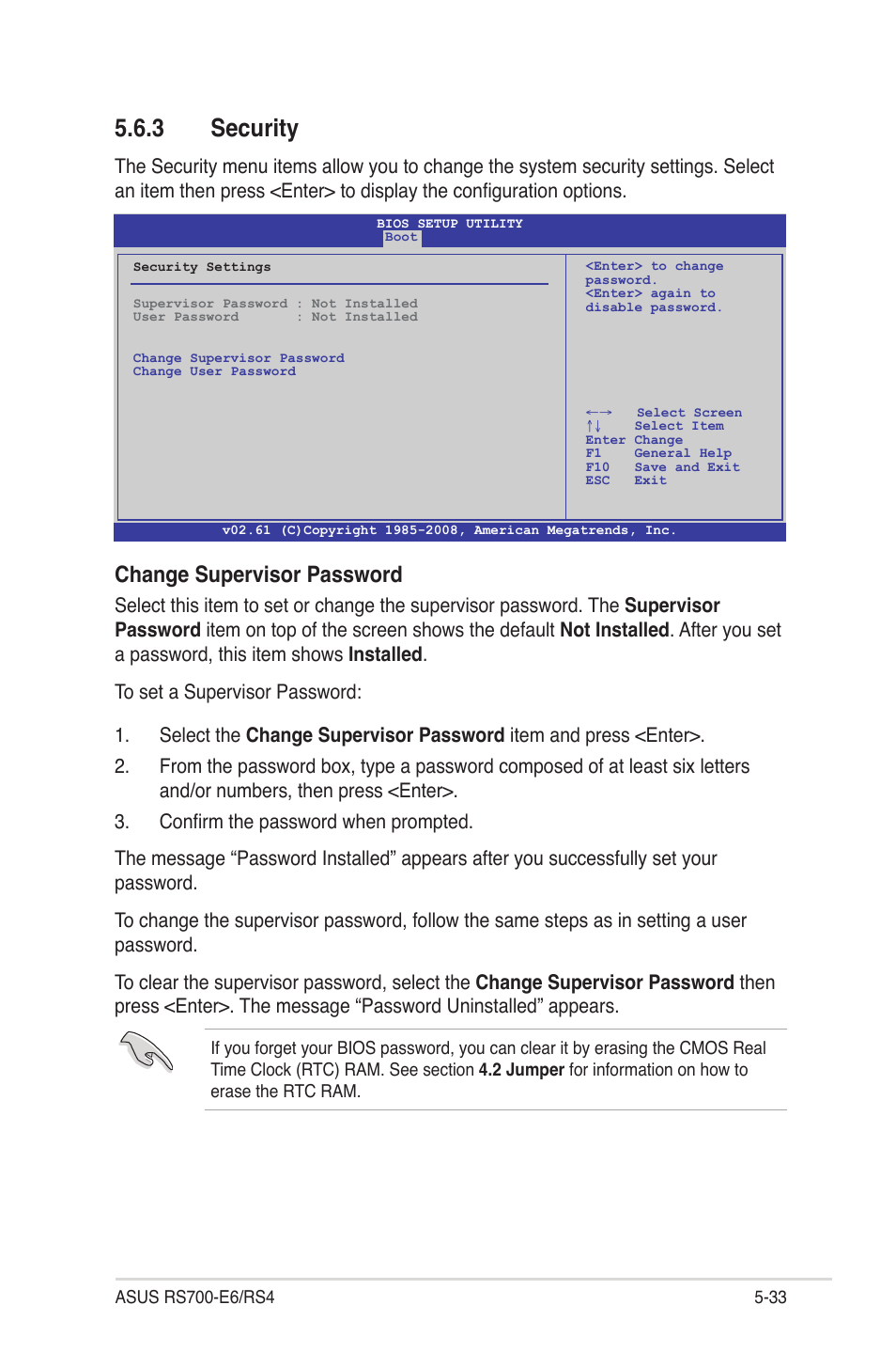 3 security, Security -33, Change supervisor password | Asus RS700-E6/RS4 User Manual | Page 81 / 138