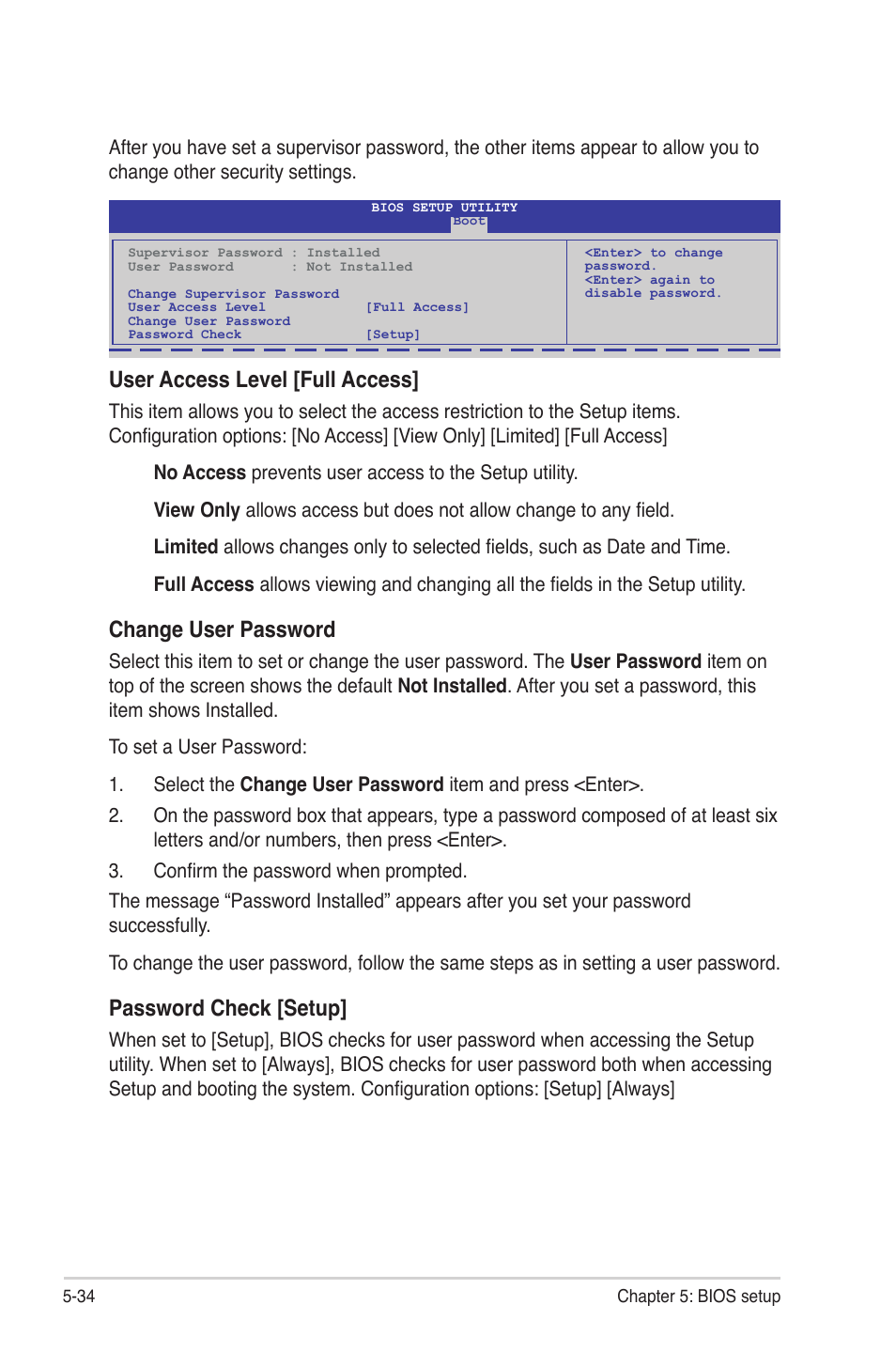 User access level [full access, Change user password, Password check [setup | Asus RS700-E6/RS4 User Manual | Page 82 / 138