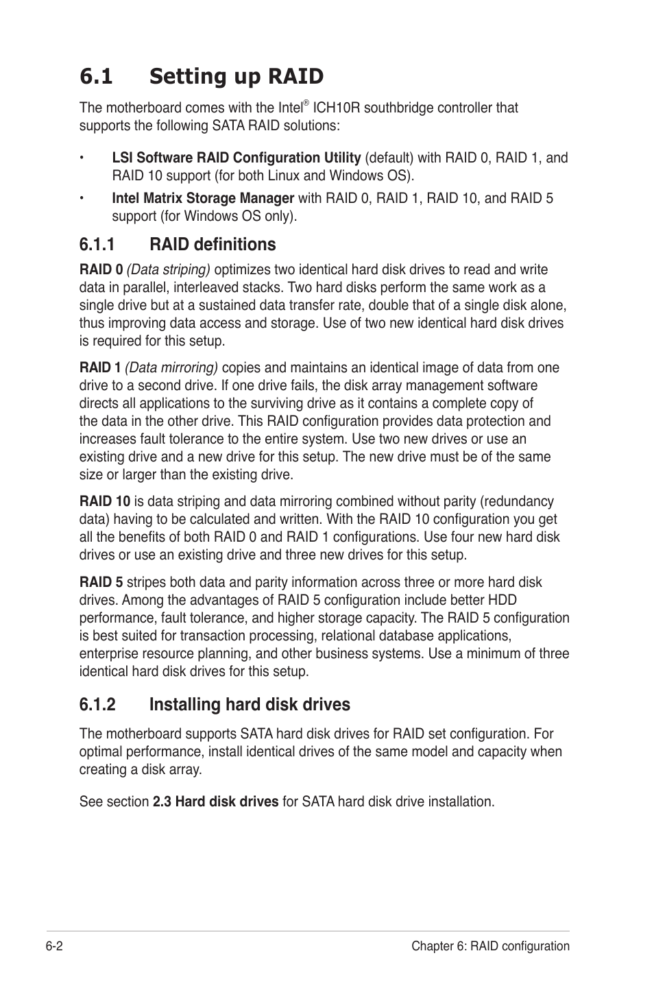 1 setting up raid, 1 raid definitions, 2 installing hard disk drives | Setting up raid -2 6.1.1, Raid definitions -2, Installing hard disk drives -2 | Asus RS700-E6/RS4 User Manual | Page 86 / 138