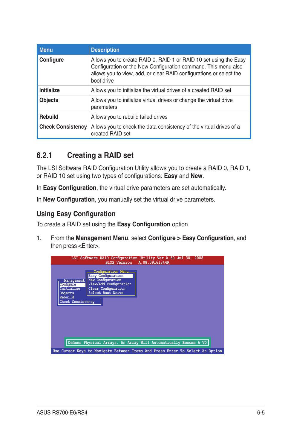 1 creating a raid set, Creating a raid set -5, Using easy configuration | Asus RS700-E6/RS4 User Manual | Page 89 / 138