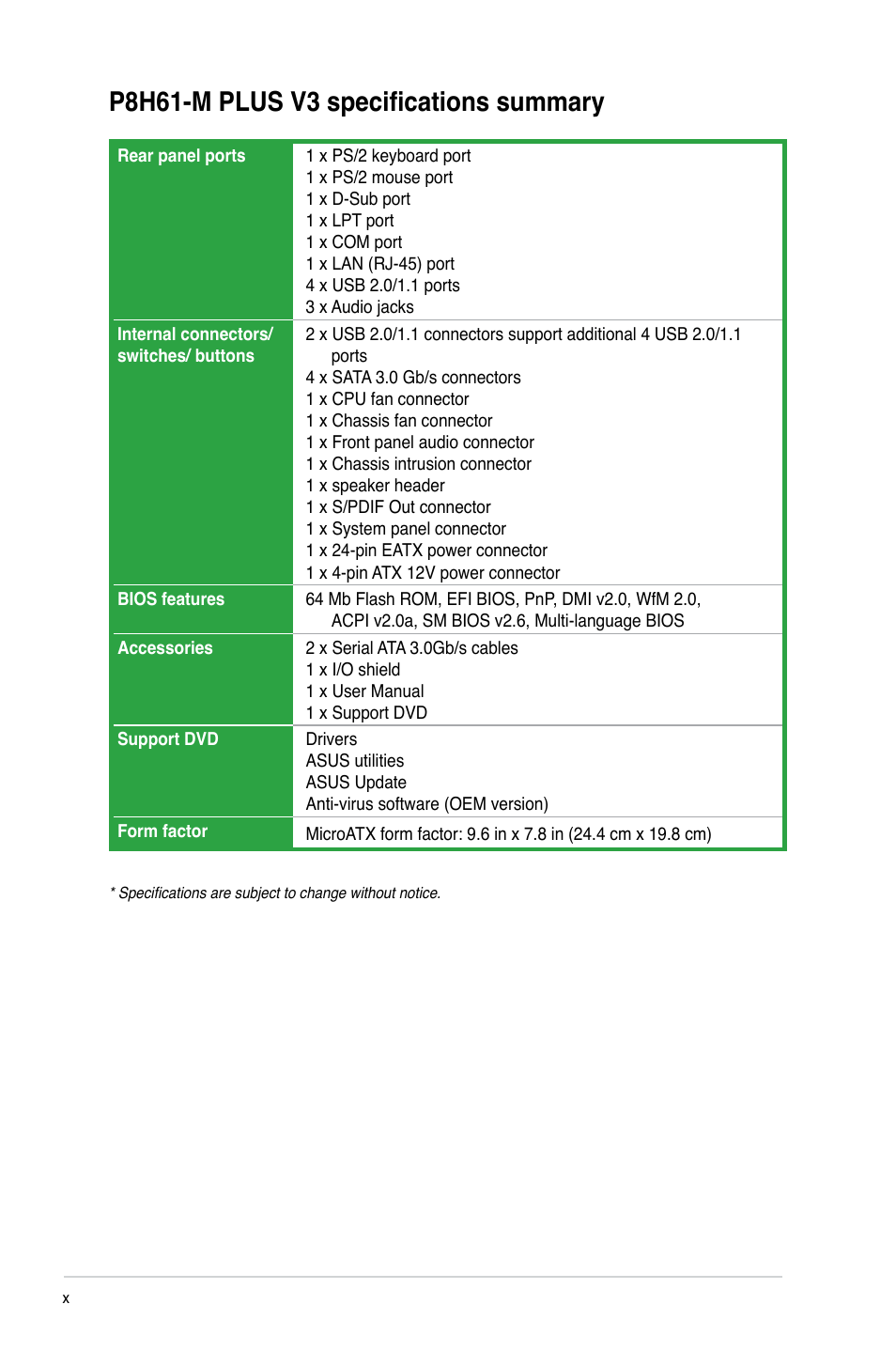 P8h61-m plus v3 specifications summary | Asus P8H61-M PLUS V3 User Manual | Page 10 / 64
