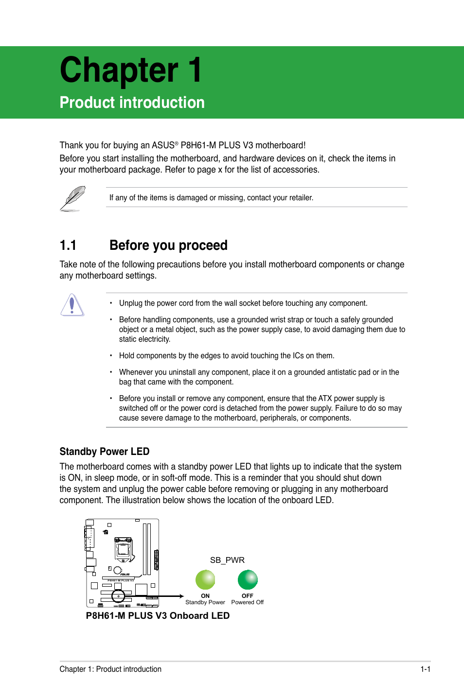 Chapter 1, Product introduction, 1 before you proceed | Before you proceed -1 | Asus P8H61-M PLUS V3 User Manual | Page 11 / 64