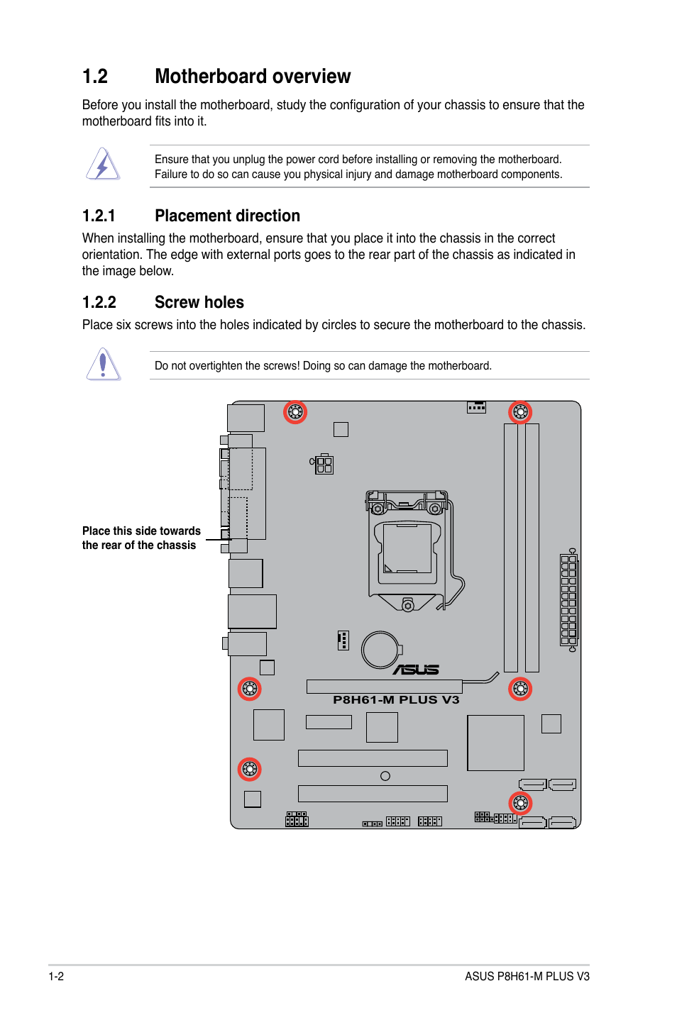 2 motherboard overview, 1 placement direction, 2 screw holes | Motherboard overview -2 1.2.1, Placement direction -2, Screw holes -2 | Asus P8H61-M PLUS V3 User Manual | Page 12 / 64