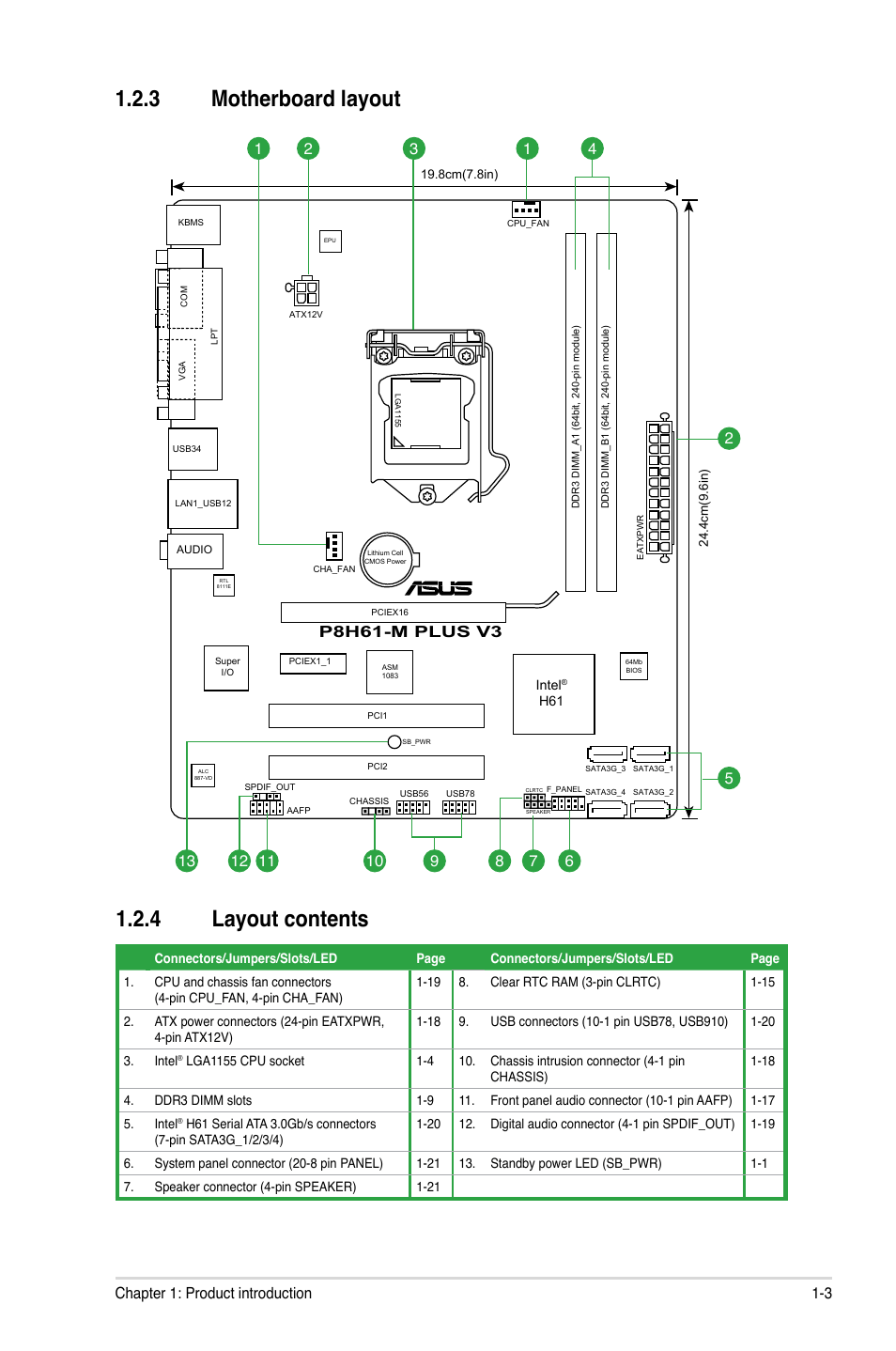 3 motherboard layout, 4 layout contents, Motherboard layout -3 | Layout contents -3, 3 motherboard layout 1.2.4 layout contents, 3 chapter 1: product introduction, P8h61-m plus v3 | Asus P8H61-M PLUS V3 User Manual | Page 13 / 64