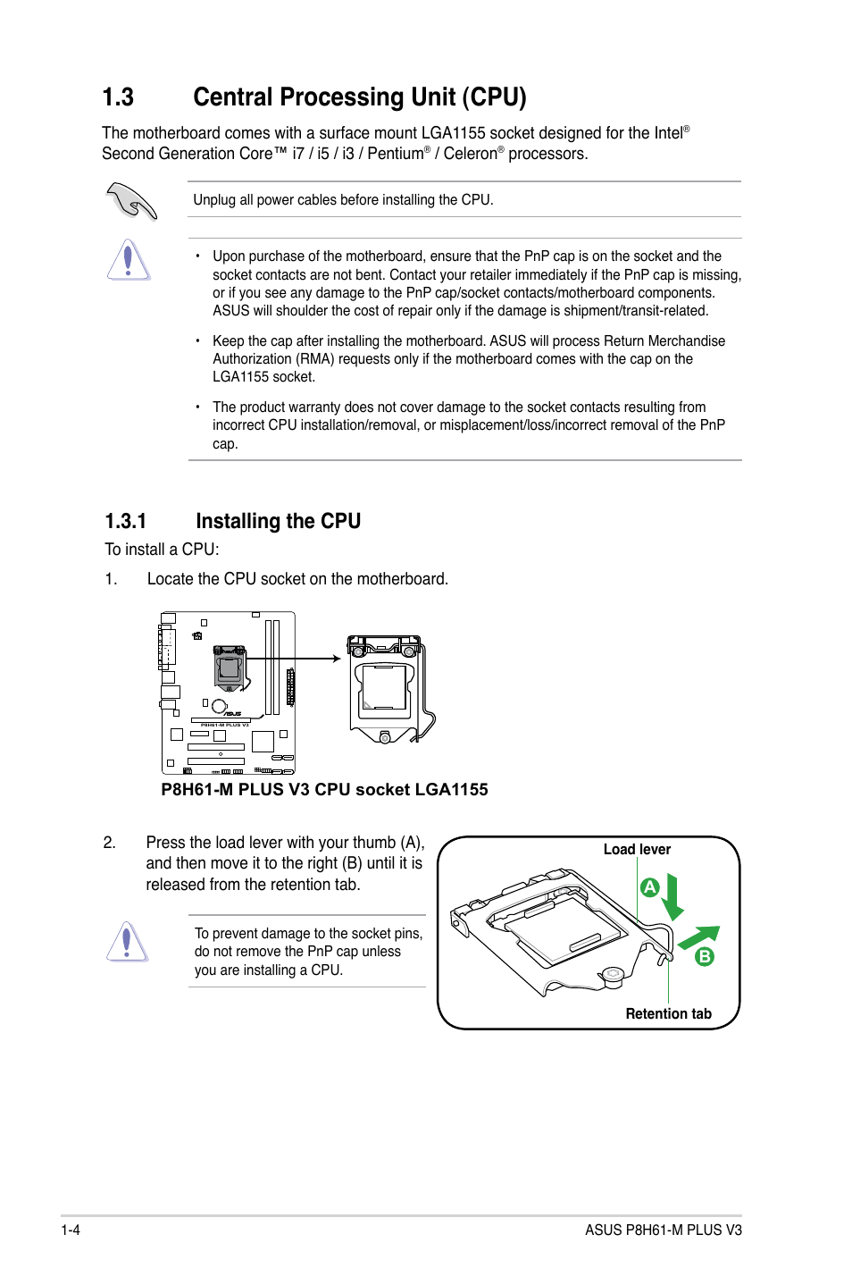 3 central processing unit (cpu), 1 installing the cpu, Central processing unit (cpu) -4 1.3.1 | Installing the cpu -4 | Asus P8H61-M PLUS V3 User Manual | Page 14 / 64