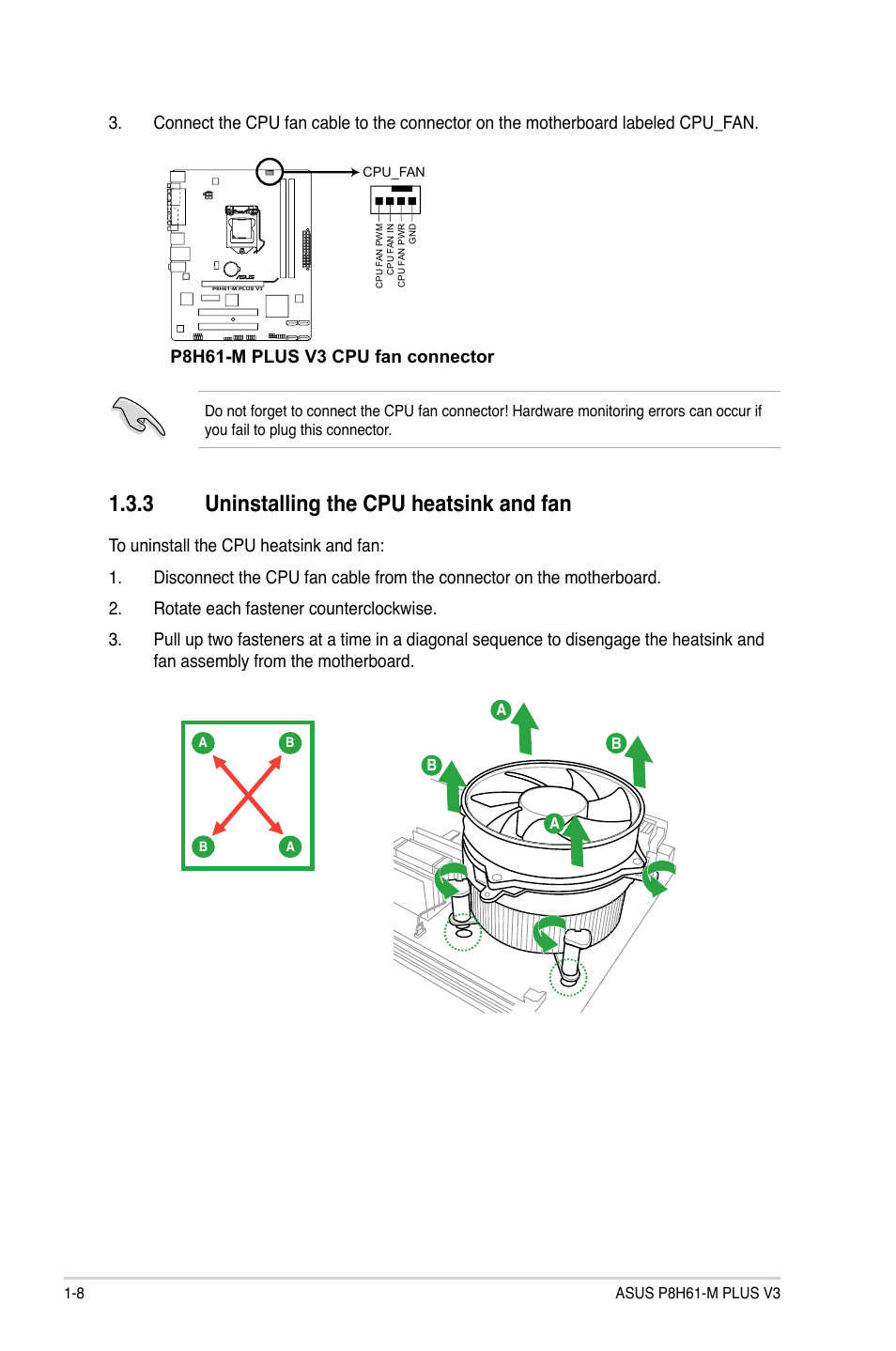 3 uninstalling the cpu heatsink and fan, Uninstalling the cpu heatsink and fan -8, P8h61-m plus v3 cpu fan connector | Asus P8H61-M PLUS V3 User Manual | Page 18 / 64