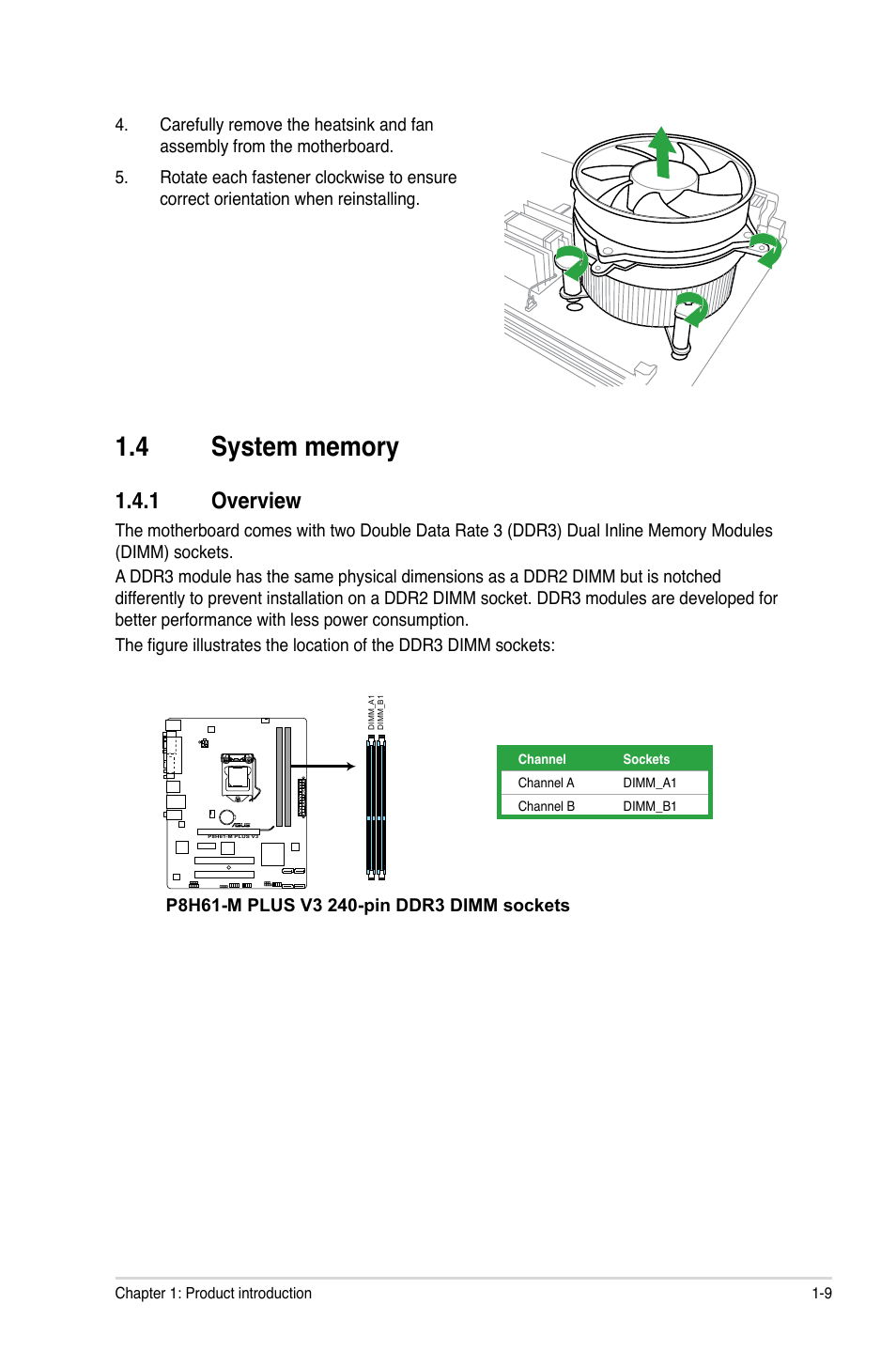 4 system memory, 1 overview, System memory -9 1.4.1 | Overview -9 | Asus P8H61-M PLUS V3 User Manual | Page 19 / 64