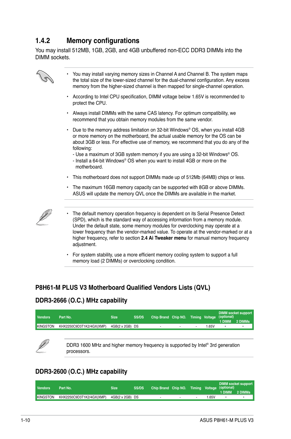 2 memory configurations, Memory configurations -10 | Asus P8H61-M PLUS V3 User Manual | Page 20 / 64