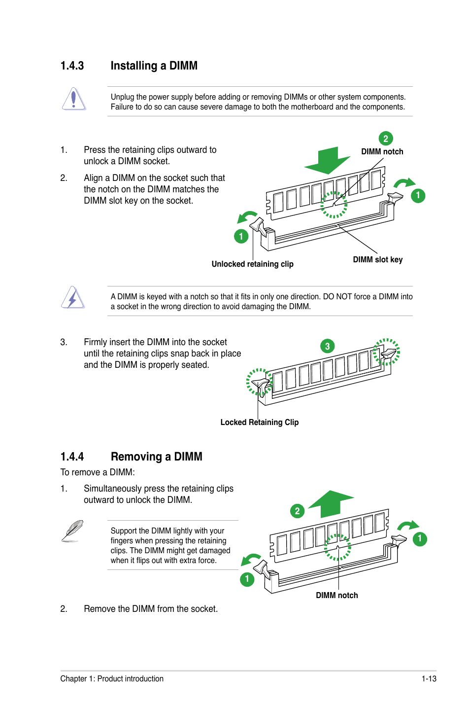 3 installing a dimm, 4 removing a dimm, Installing a dimm -13 | Removing a dimm -13 | Asus P8H61-M PLUS V3 User Manual | Page 23 / 64