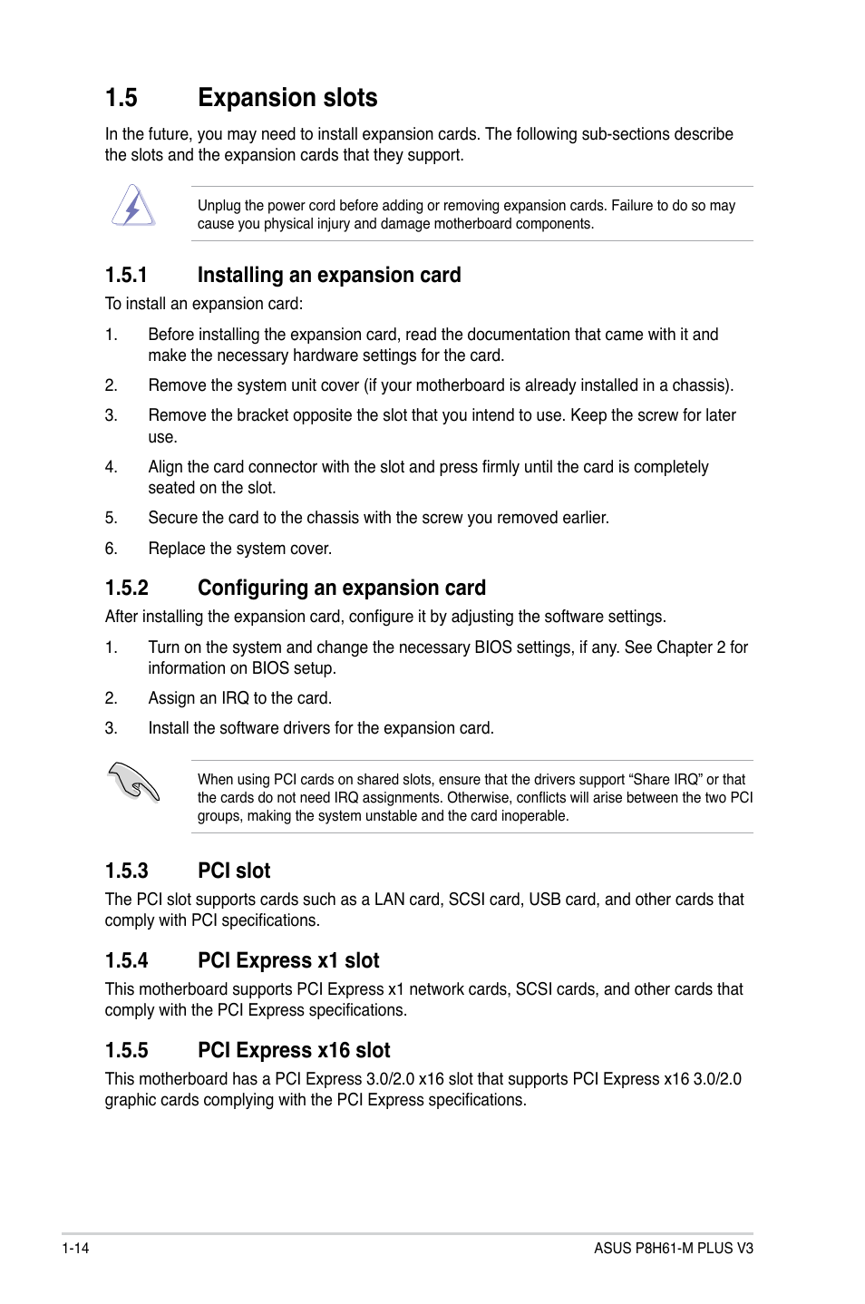 5 expansion slots, 1 installing an expansion card, 2 configuring an expansion card | 3 pci slot, 4 pci express x1 slot, 5 pci express x16 slot, Expansion slots -14 1.5.1, Installing an expansion card -14, Configuring an expansion card -14, Pci slot -14 | Asus P8H61-M PLUS V3 User Manual | Page 24 / 64
