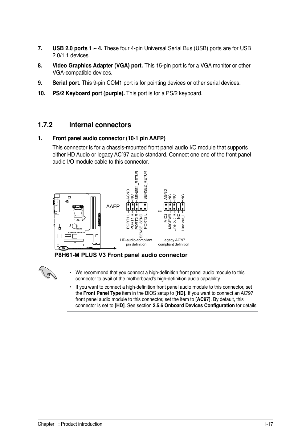 2 internal connectors, Internal connectors -17, P8h61-m plus v3 front panel audio connector | Asus P8H61-M PLUS V3 User Manual | Page 27 / 64