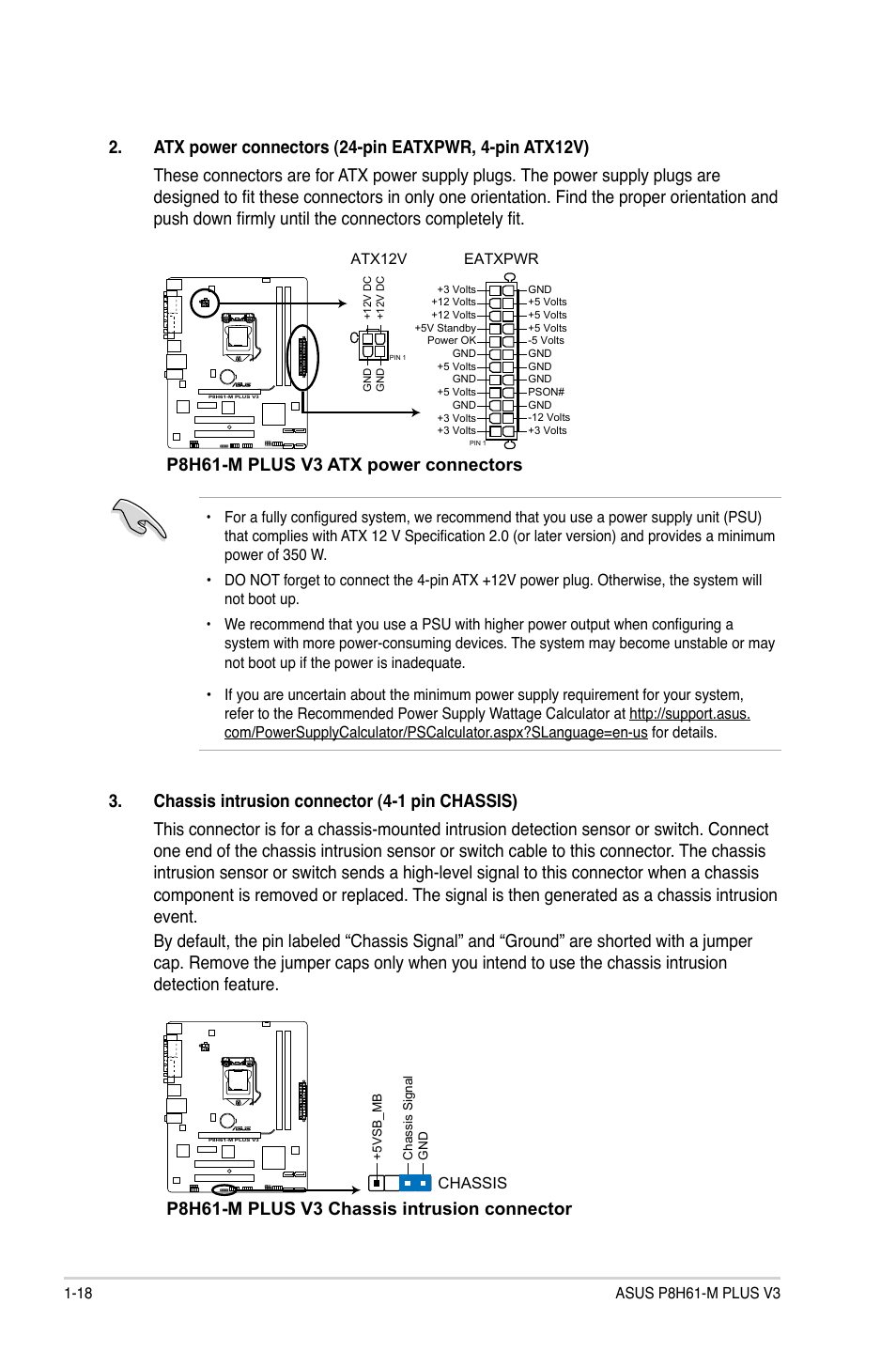 P8h61-m plus v3 atx power connectors, P8h61-m plus v3 chassis intrusion connector | Asus P8H61-M PLUS V3 User Manual | Page 28 / 64