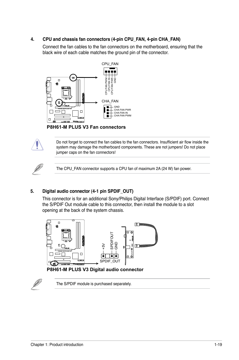 P8h61-m plus v3 fan connectors, P8h61-m plus v3 digital audio connector | Asus P8H61-M PLUS V3 User Manual | Page 29 / 64