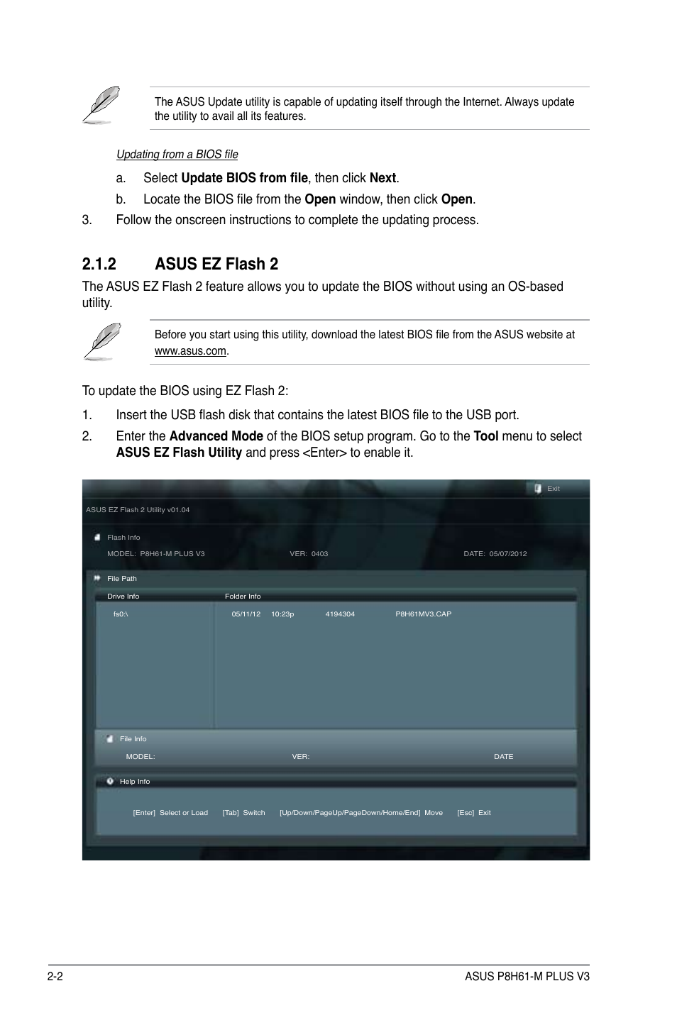 2 asus ez flash 2, Asus ez flash 2 -2 | Asus P8H61-M PLUS V3 User Manual | Page 34 / 64