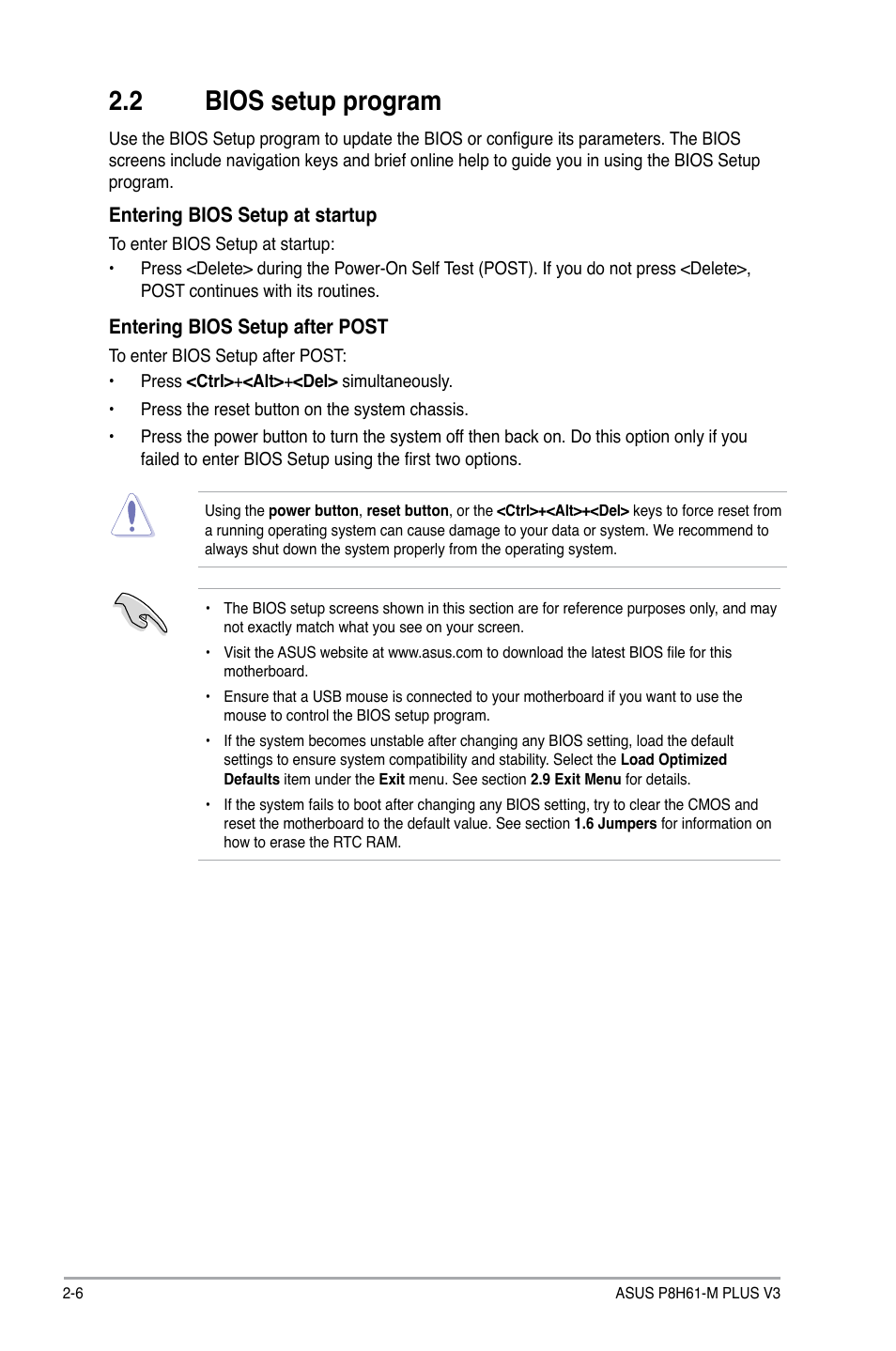 2 bios setup program, Bios setup program -6 | Asus P8H61-M PLUS V3 User Manual | Page 38 / 64