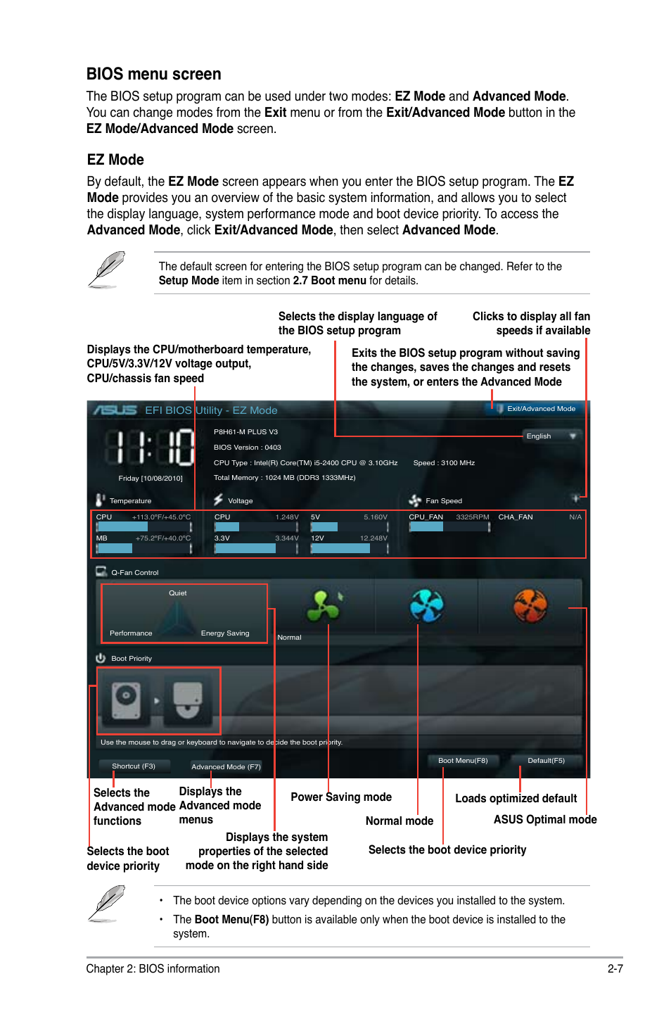 Bios menu screen, Ez mode, Chapter 2: bios information 2-7 | Asus P8H61-M PLUS V3 User Manual | Page 39 / 64