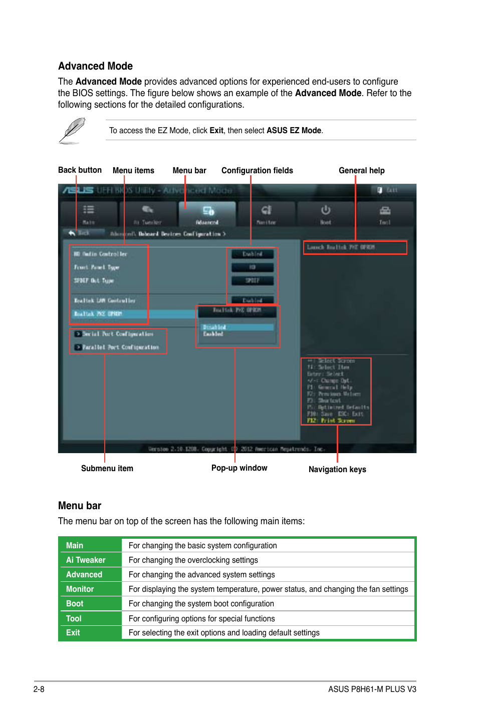 Advanced mode, Menu bar | Asus P8H61-M PLUS V3 User Manual | Page 40 / 64