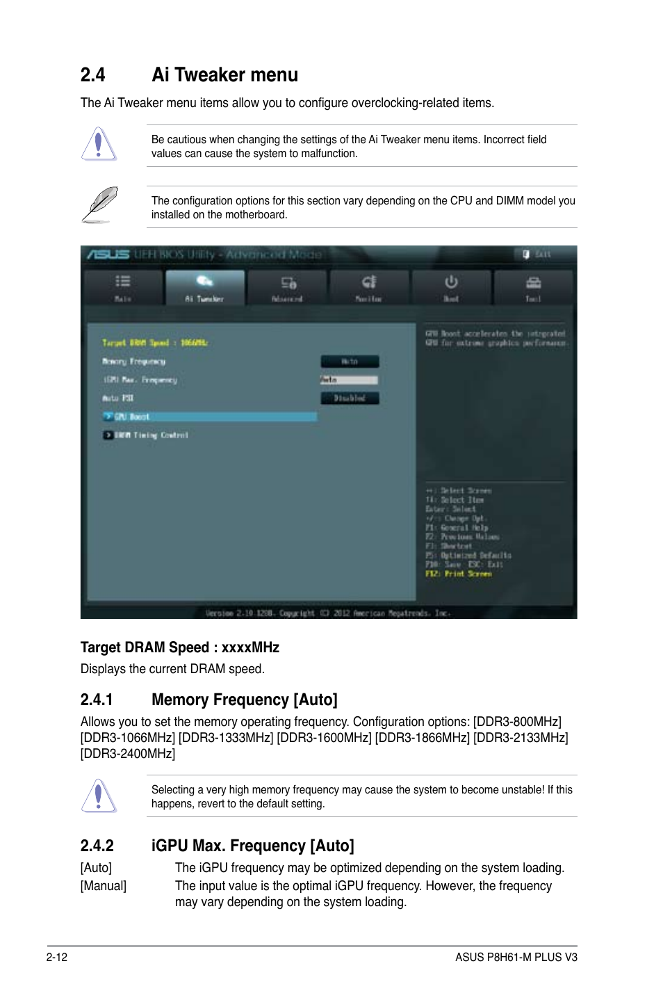 4 ai tweaker menu, 1 memory frequency [auto, 2 igpu max. frequency [auto | Ai tweaker menu -12 2.4.1, Memory frequency [auto] -12, Igpu max. frequency [auto] -12 | Asus P8H61-M PLUS V3 User Manual | Page 44 / 64