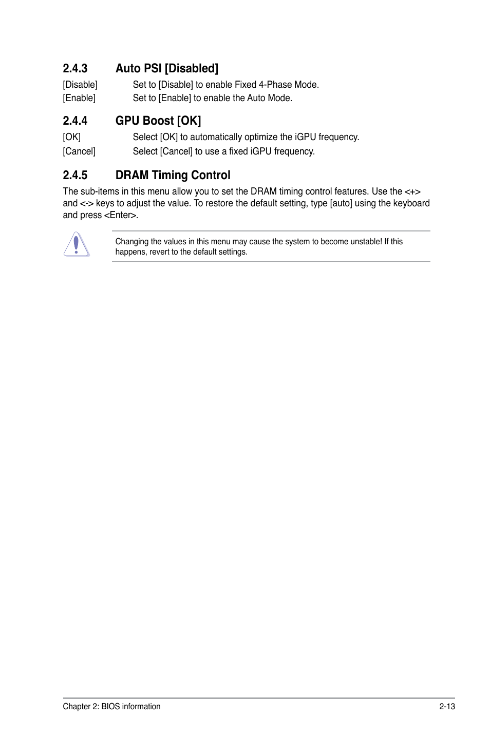 3 auto psi [disabled, 4 gpu boost [ok, 5 dram timing control | Auto psi [disabled] -13, Gpu boost [ok] -13, Dram timing control -13 | Asus P8H61-M PLUS V3 User Manual | Page 45 / 64