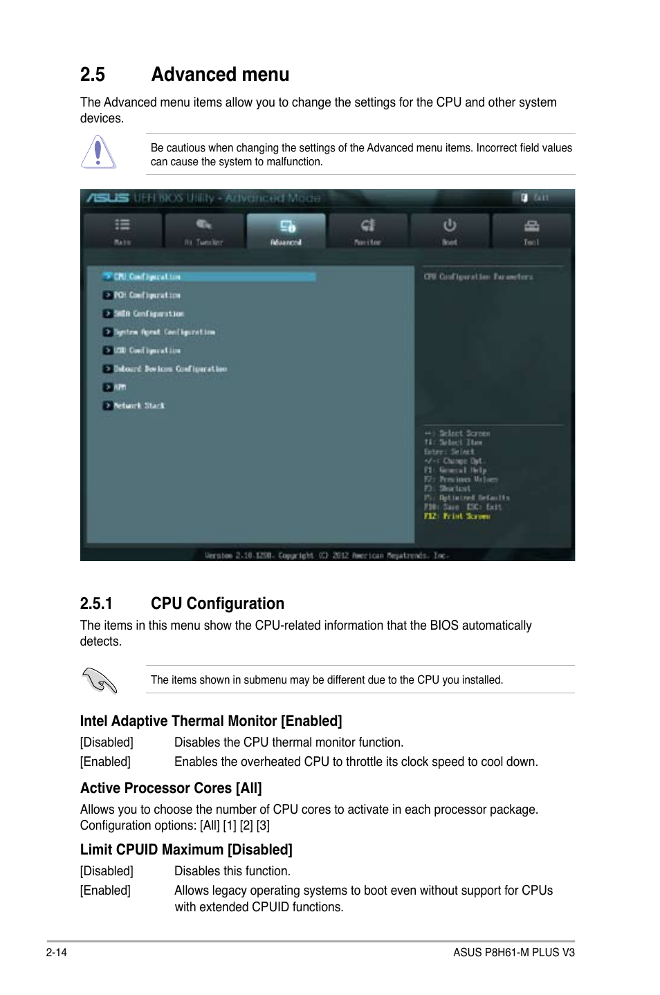 5 advanced menu, 1 cpu configuration, Advanced menu -14 2.5.1 | Cpu configuration -14 | Asus P8H61-M PLUS V3 User Manual | Page 46 / 64