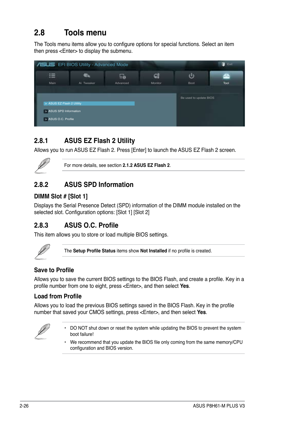 8 tools menu, 1 asus ez flash 2 utility, 2 asus spd information | 3 asus o.c. profile, Tools menu -26 2.8.1, Asus ez flash 2 utility -26, Asus spd information -26, Asus o.c. profile -26, Dimm slot # [slot 1, Save to profile | Asus P8H61-M PLUS V3 User Manual | Page 58 / 64