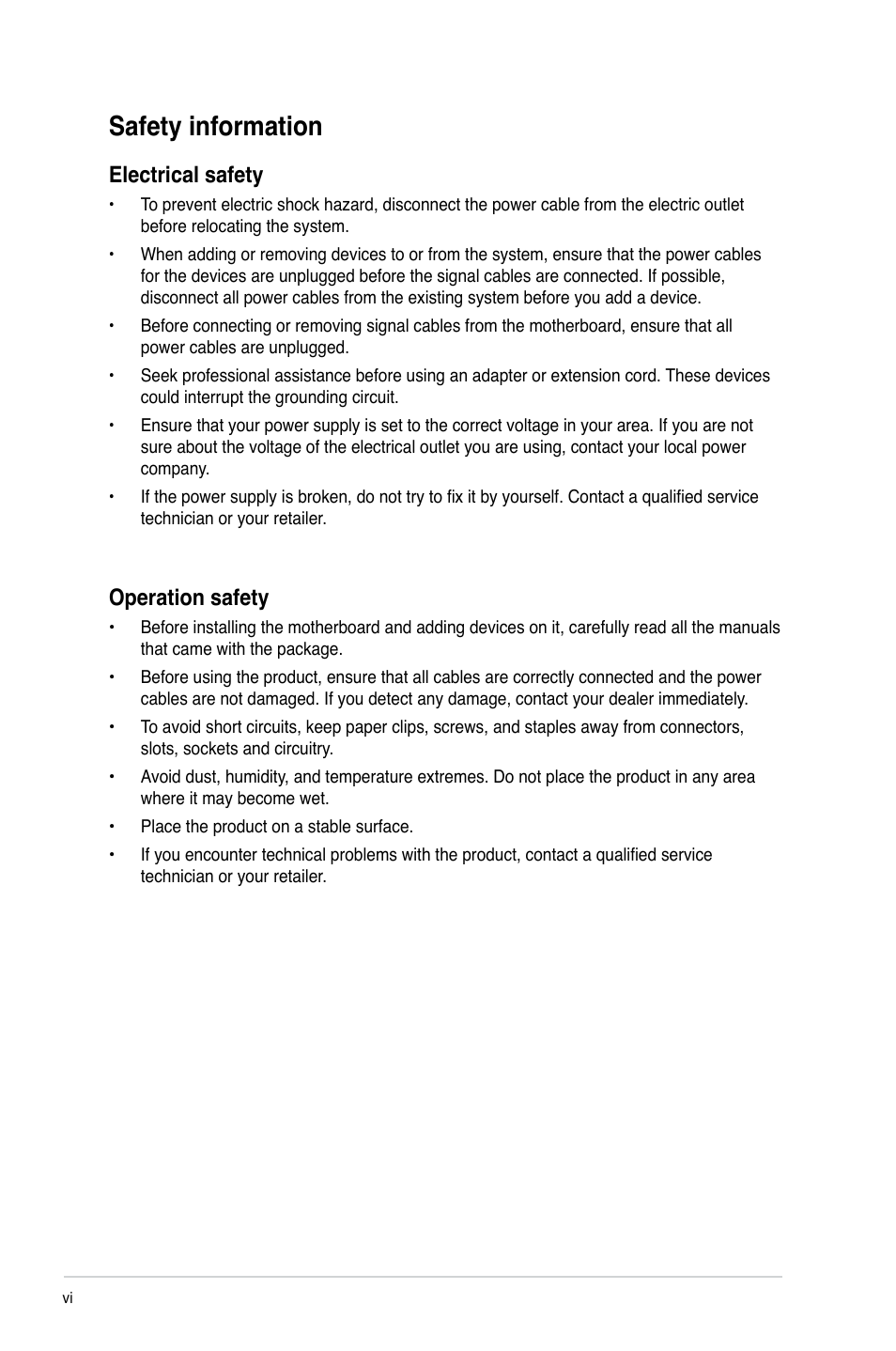 Safety information, Electrical safety, Operation safety | Asus P8H61-M PLUS V3 User Manual | Page 6 / 64