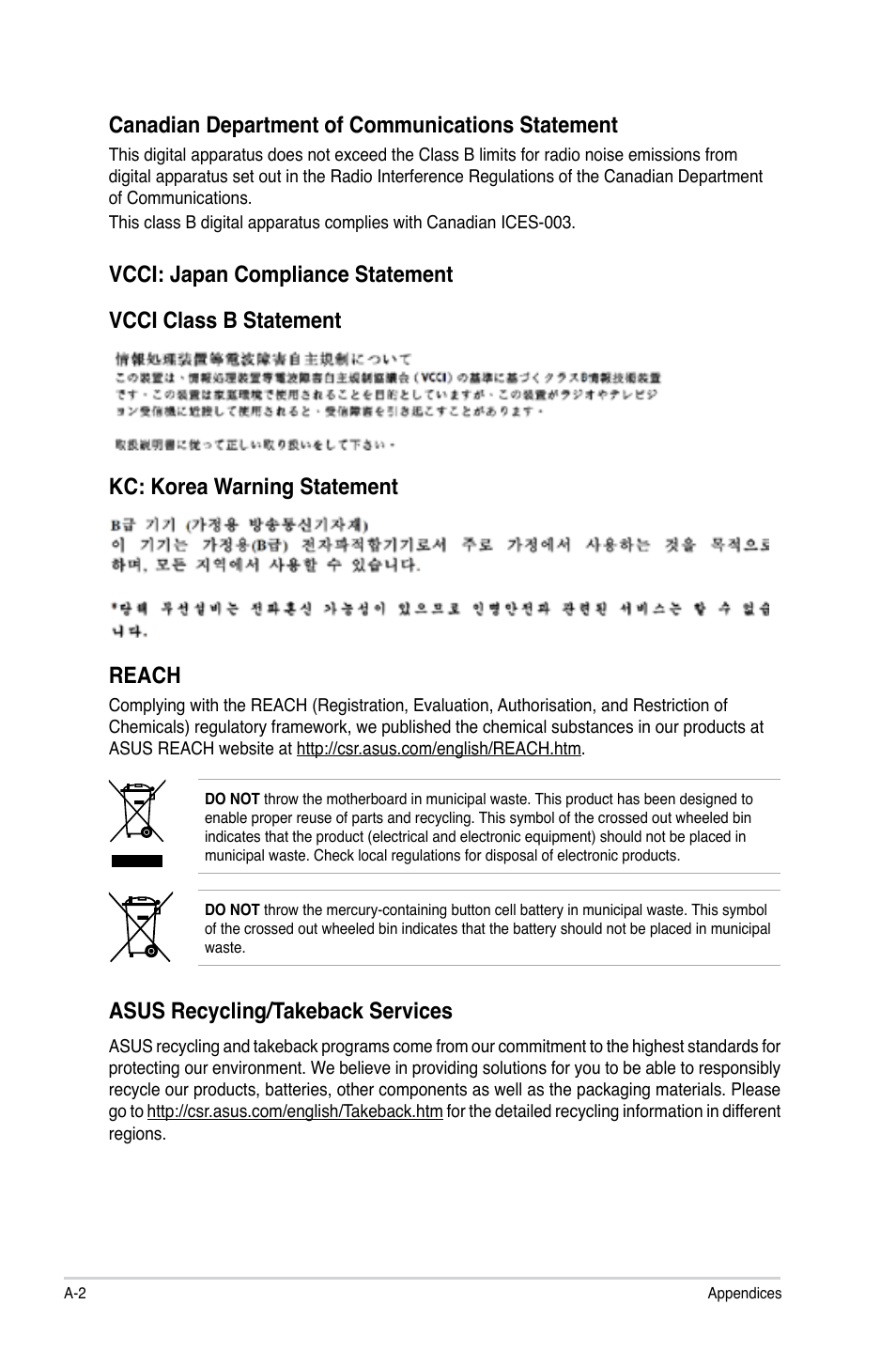 Reach, Asus recycling/takeback services | Asus P8H61-M PLUS V3 User Manual | Page 62 / 64