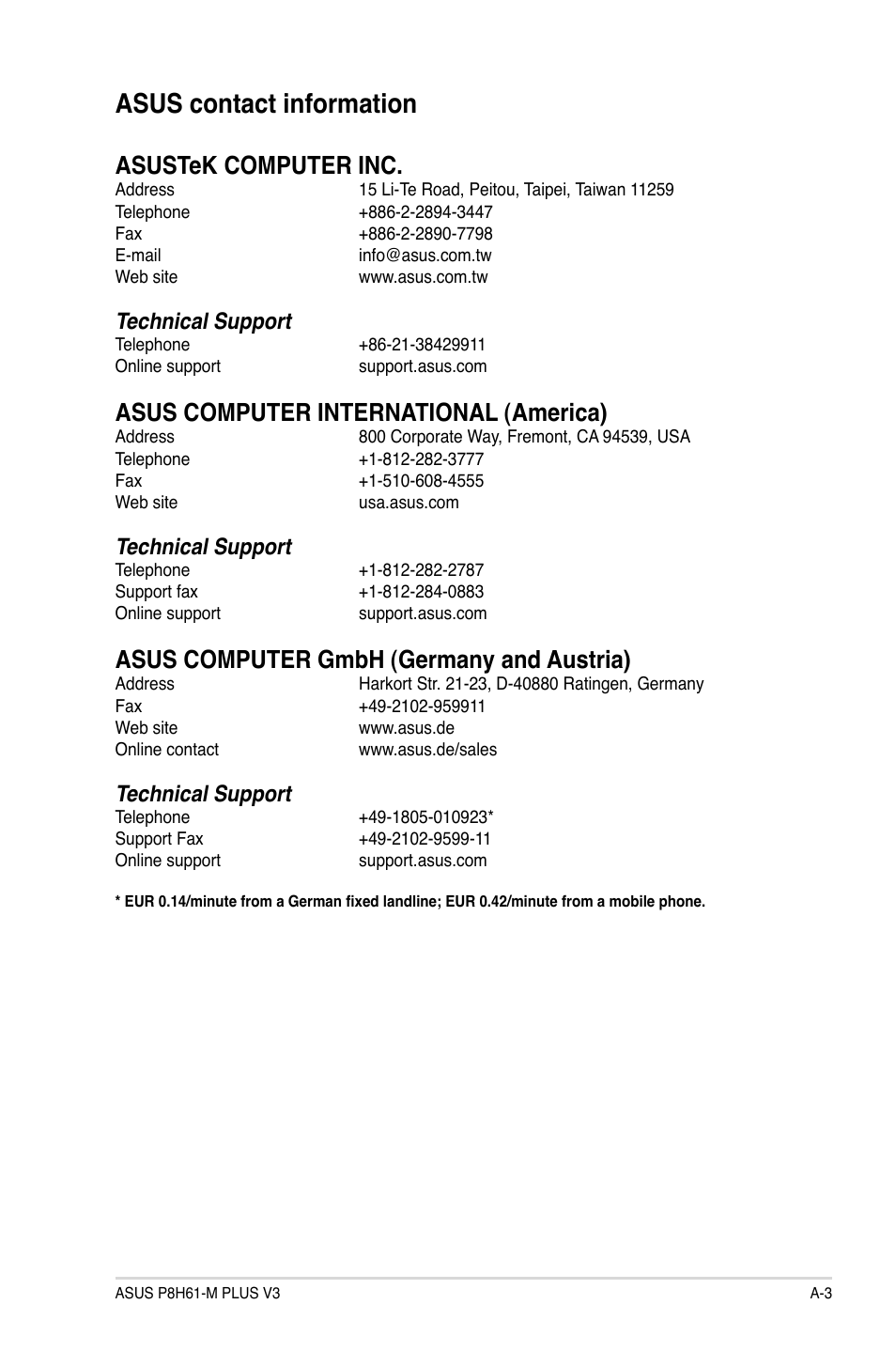 Asus contact information, Asustek computer inc, Asus computer international (america) | Asus computer gmbh (germany and austria), Technical support | Asus P8H61-M PLUS V3 User Manual | Page 63 / 64