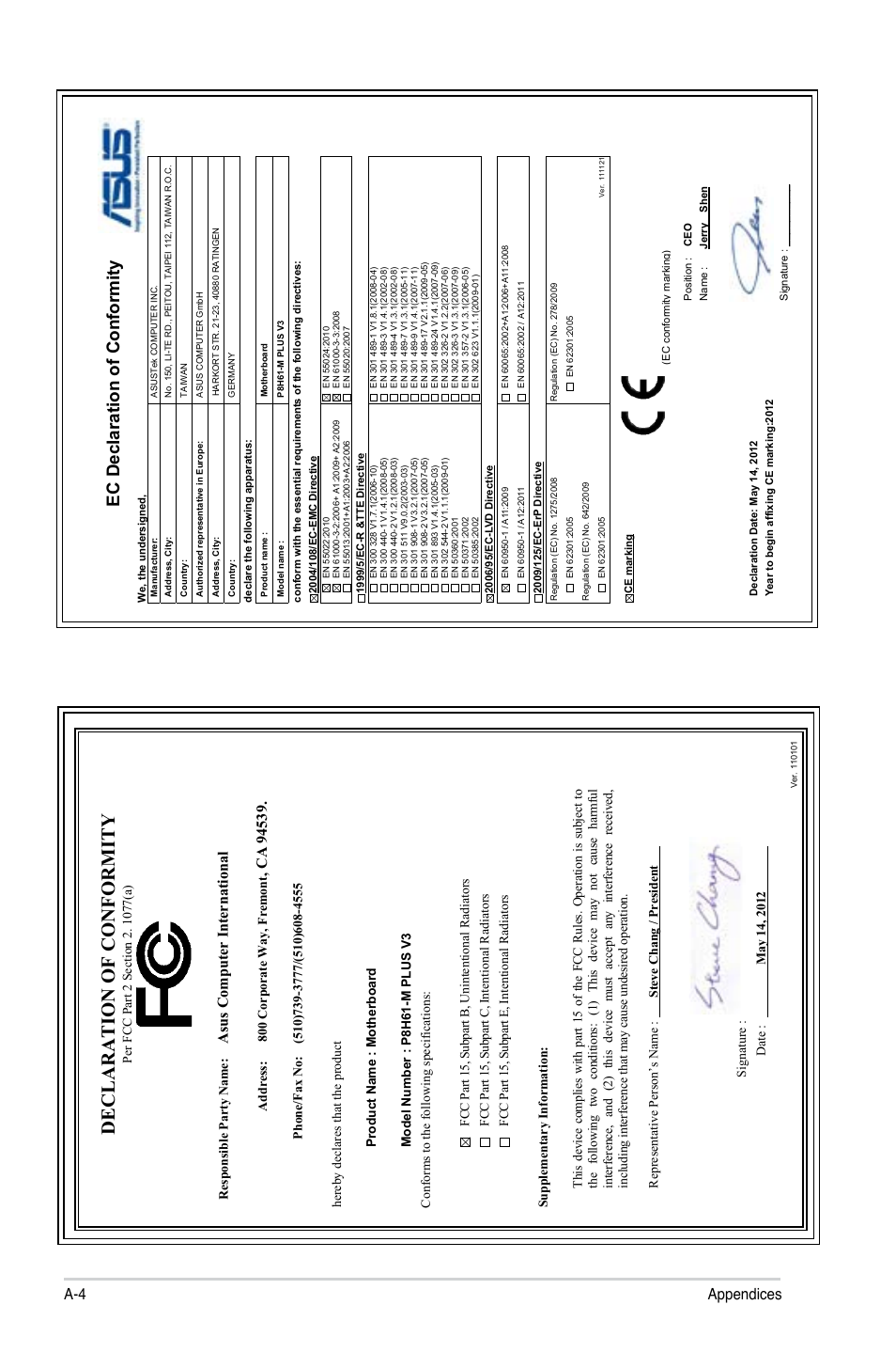 Declaration of conformity, Ec declaration of conformity, A-4 appendices | Asu s c om pu te r in te rn at io na l | Asus P8H61-M PLUS V3 User Manual | Page 64 / 64