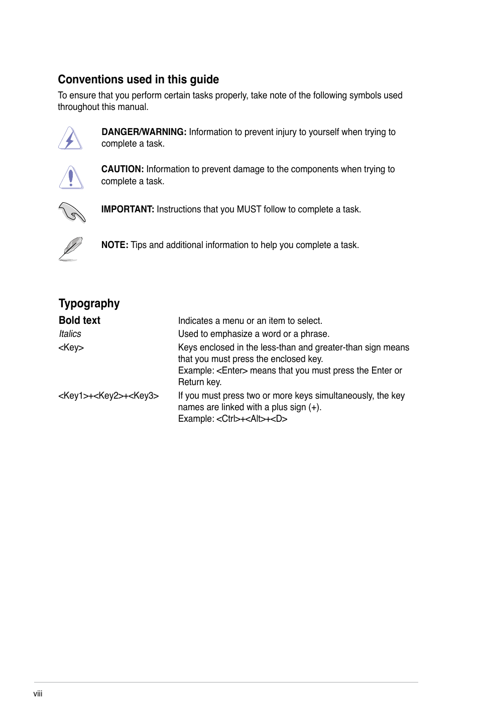 Conventions used in this guide, Typography | Asus P8H61-M PLUS V3 User Manual | Page 8 / 64