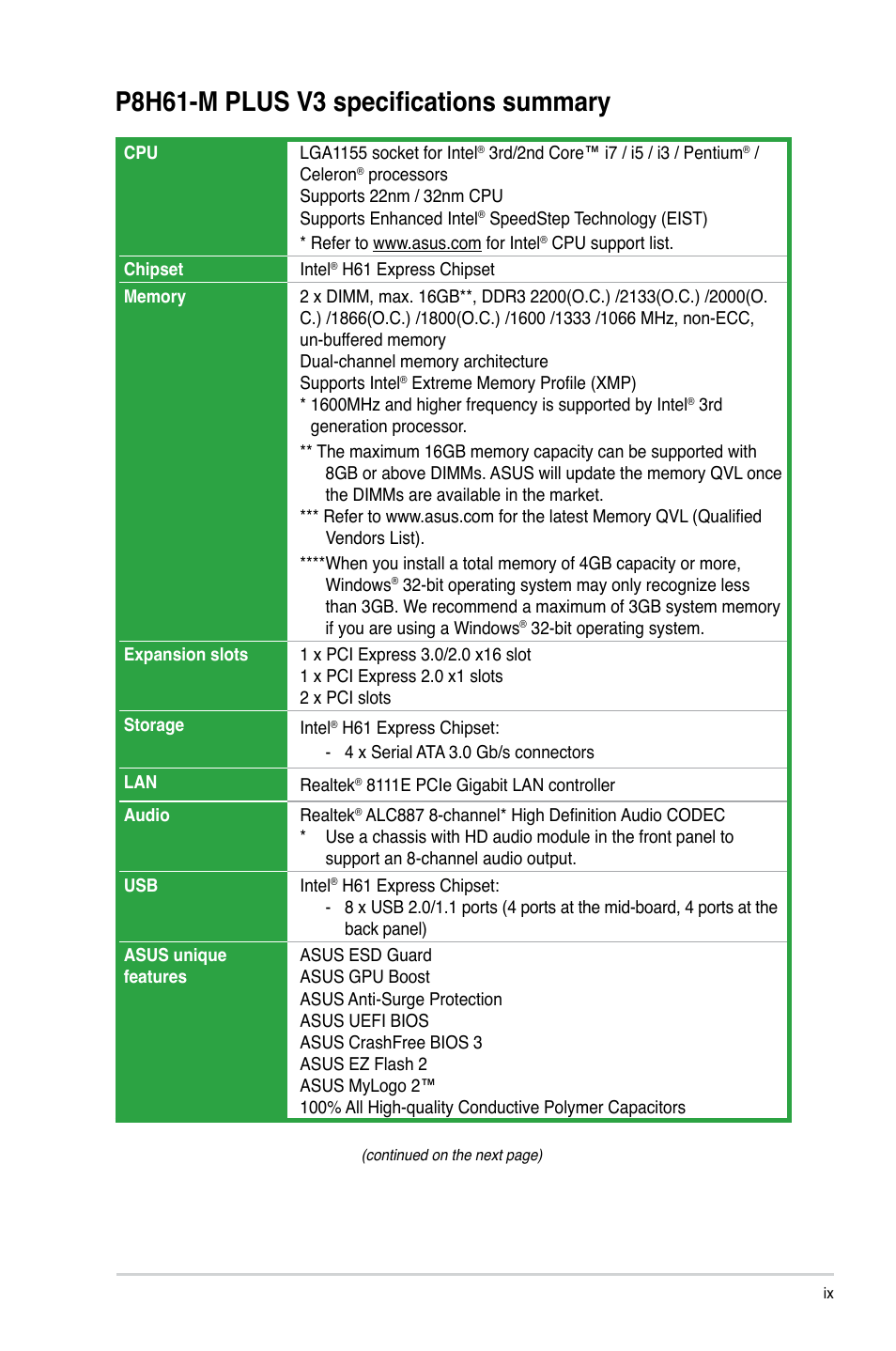 P8h61-m plus v3 specifications summary | Asus P8H61-M PLUS V3 User Manual | Page 9 / 64