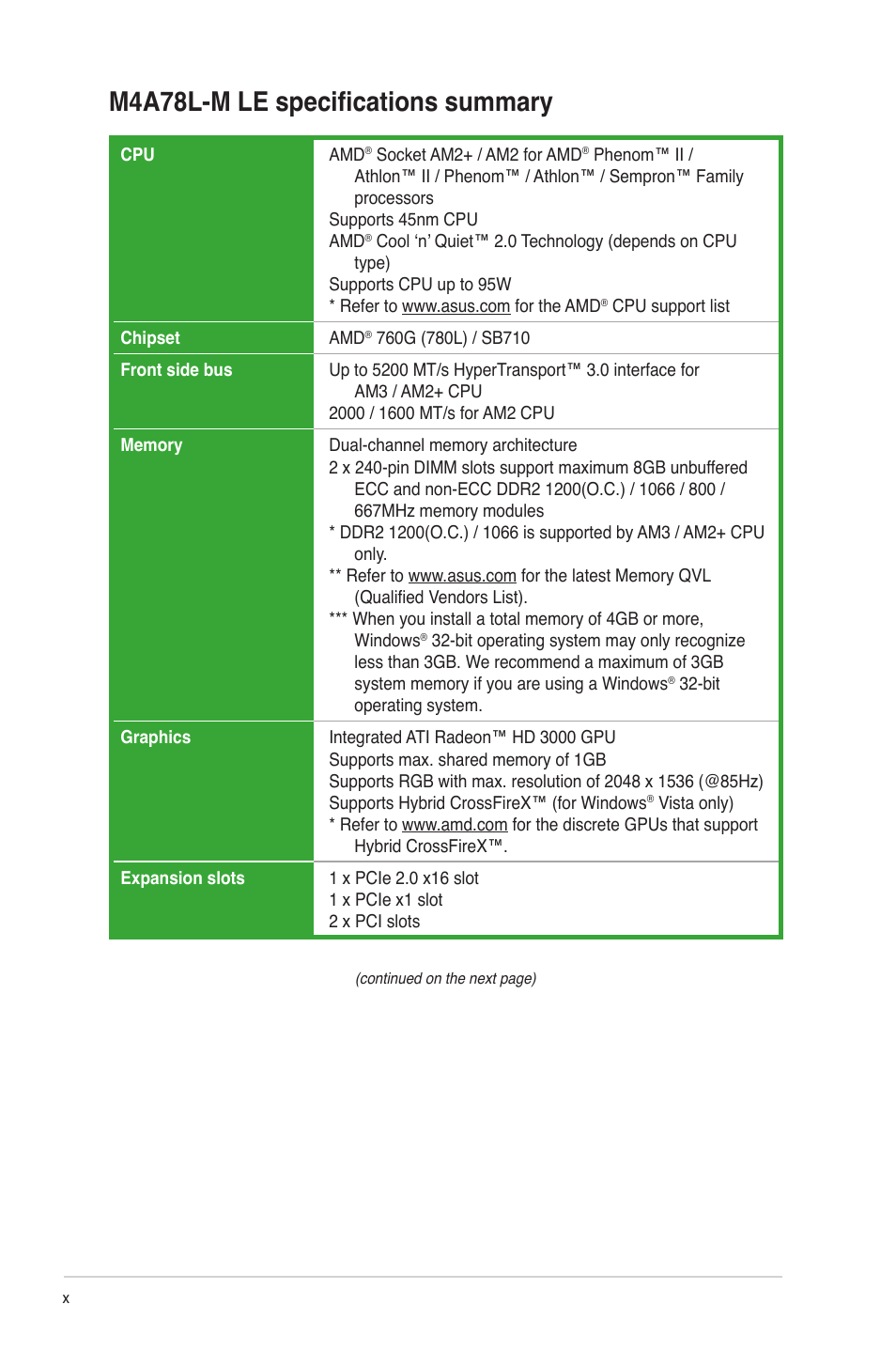 M4a78l-m le specifications summary | Asus M4A78L-M LE User Manual | Page 10 / 64