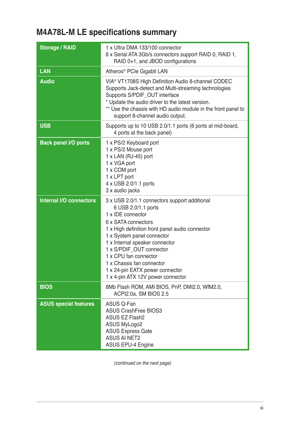 M4a78l-m le specifications summary | Asus M4A78L-M LE User Manual | Page 11 / 64