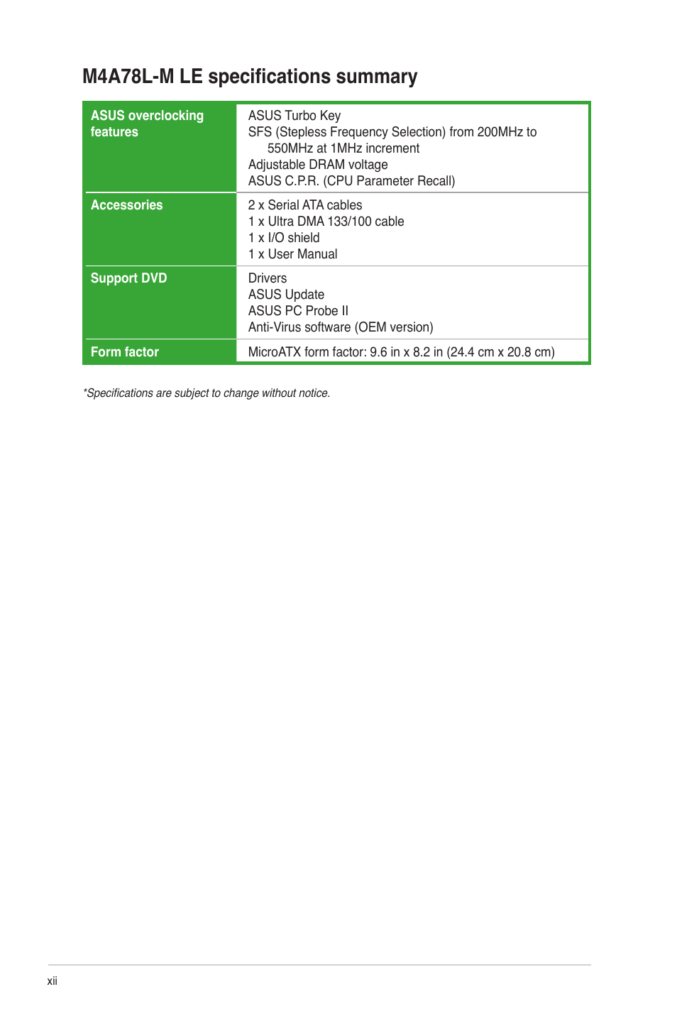 M4a78l-m le specifications summary | Asus M4A78L-M LE User Manual | Page 12 / 64