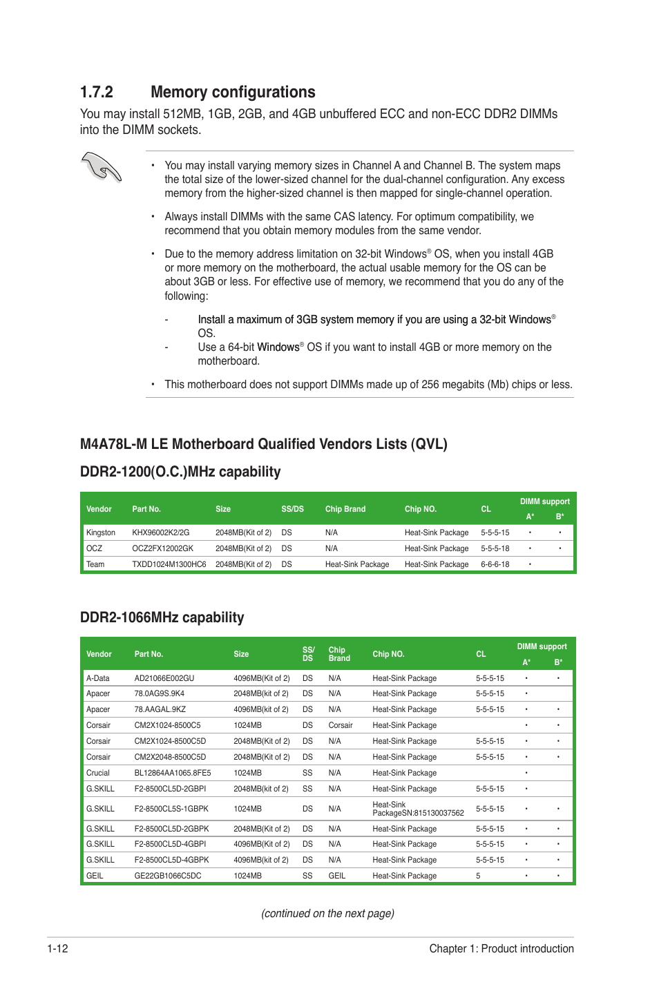 2 memory configurations, Memory configurations -12, Continued on the next page) | Asus M4A78L-M LE User Manual | Page 24 / 64