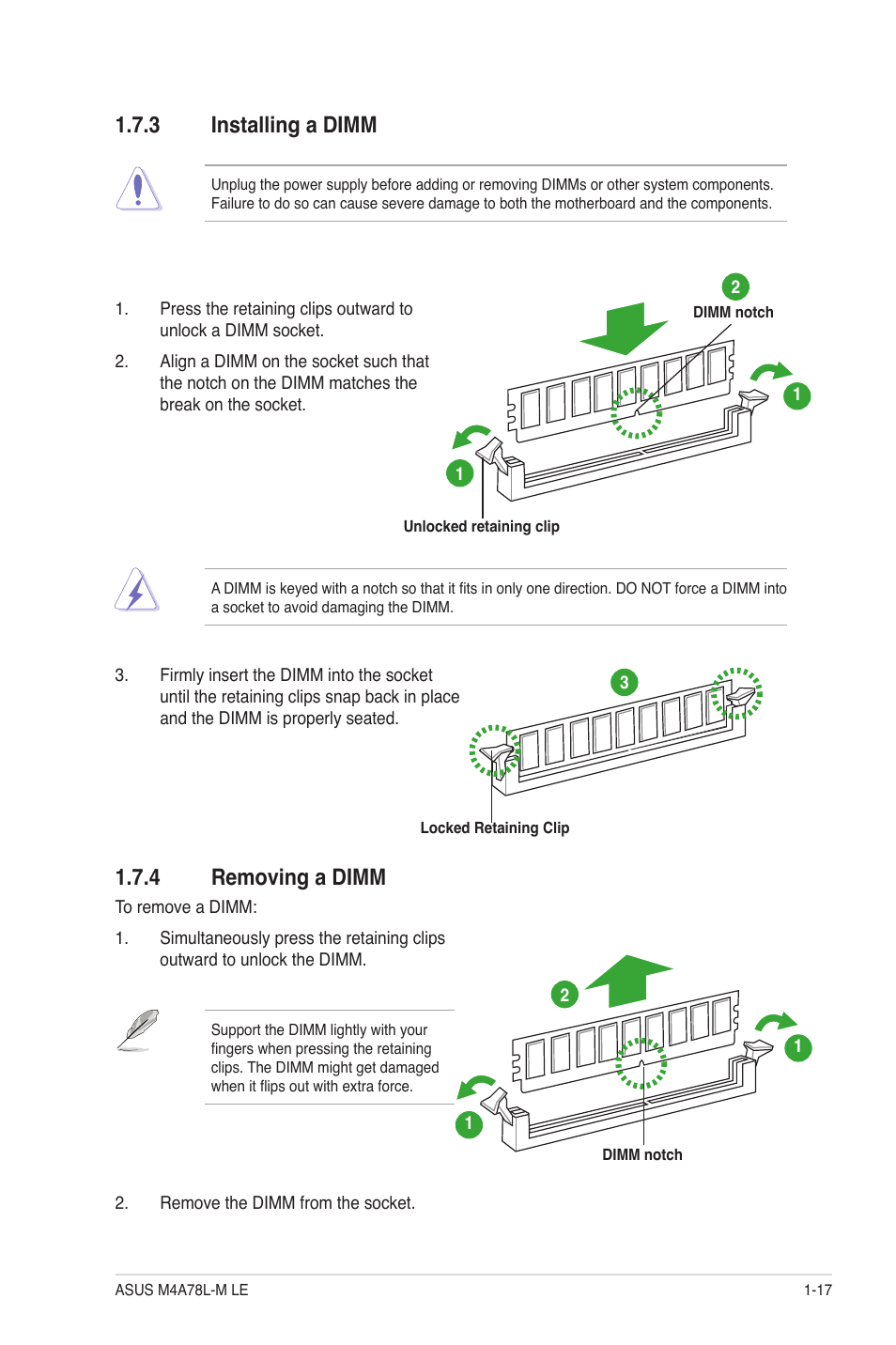 3 installing a dimm, 4 removing a dimm, Installing a dimm -17 | Removing a dimm -17 | Asus M4A78L-M LE User Manual | Page 29 / 64