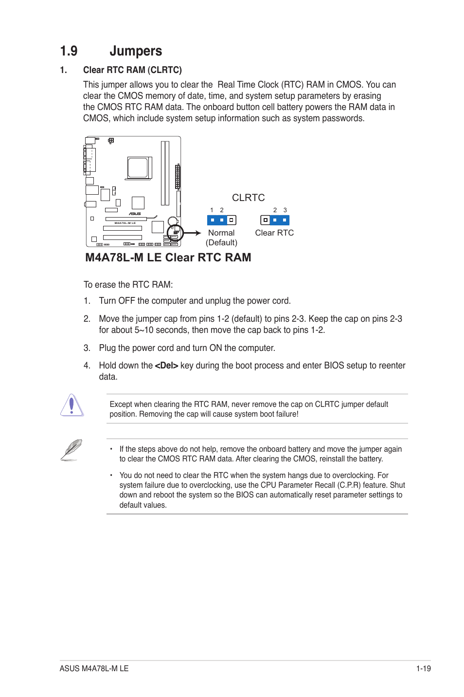 9 jumpers, Jumpers -19, M4a78l-m le clear rtc ram | Asus M4A78L-M LE User Manual | Page 31 / 64