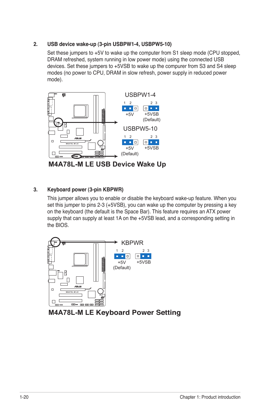 M4a78l-m le usb device wake up, M4a78l-m le keyboard power setting, Usbpw5-10 | Usbpw1-4, Kbpwr | Asus M4A78L-M LE User Manual | Page 32 / 64