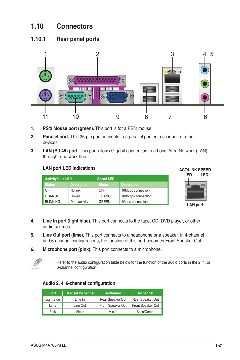 10 connectors, 1 rear panel ports, 10 connectors -21 | 1 rear panel ports -21 | Asus M4A78L-M LE User Manual | Page 33 / 64