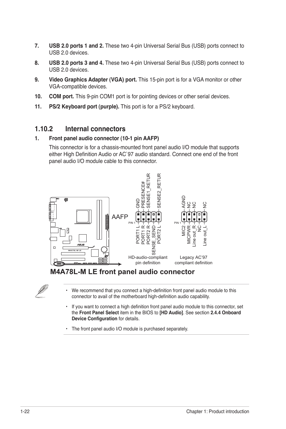 2 internal connectors, 2 internal connectors -22, M4a78l-m le front panel audio connector | Aafp | Asus M4A78L-M LE User Manual | Page 34 / 64