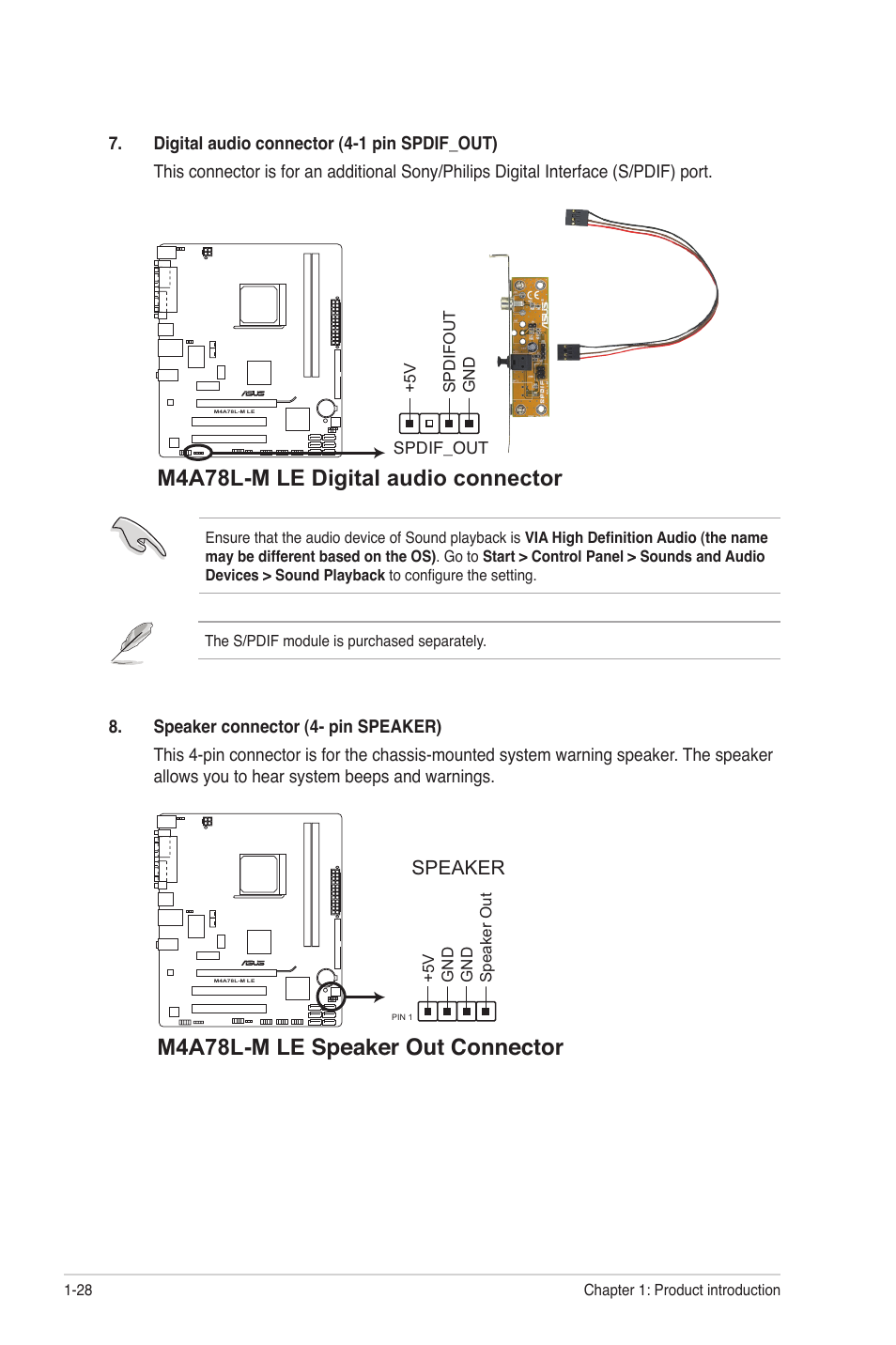 M4a78l-m le digital audio connector, M4a78l-m le speaker out connector, Speaker | Asus M4A78L-M LE User Manual | Page 40 / 64