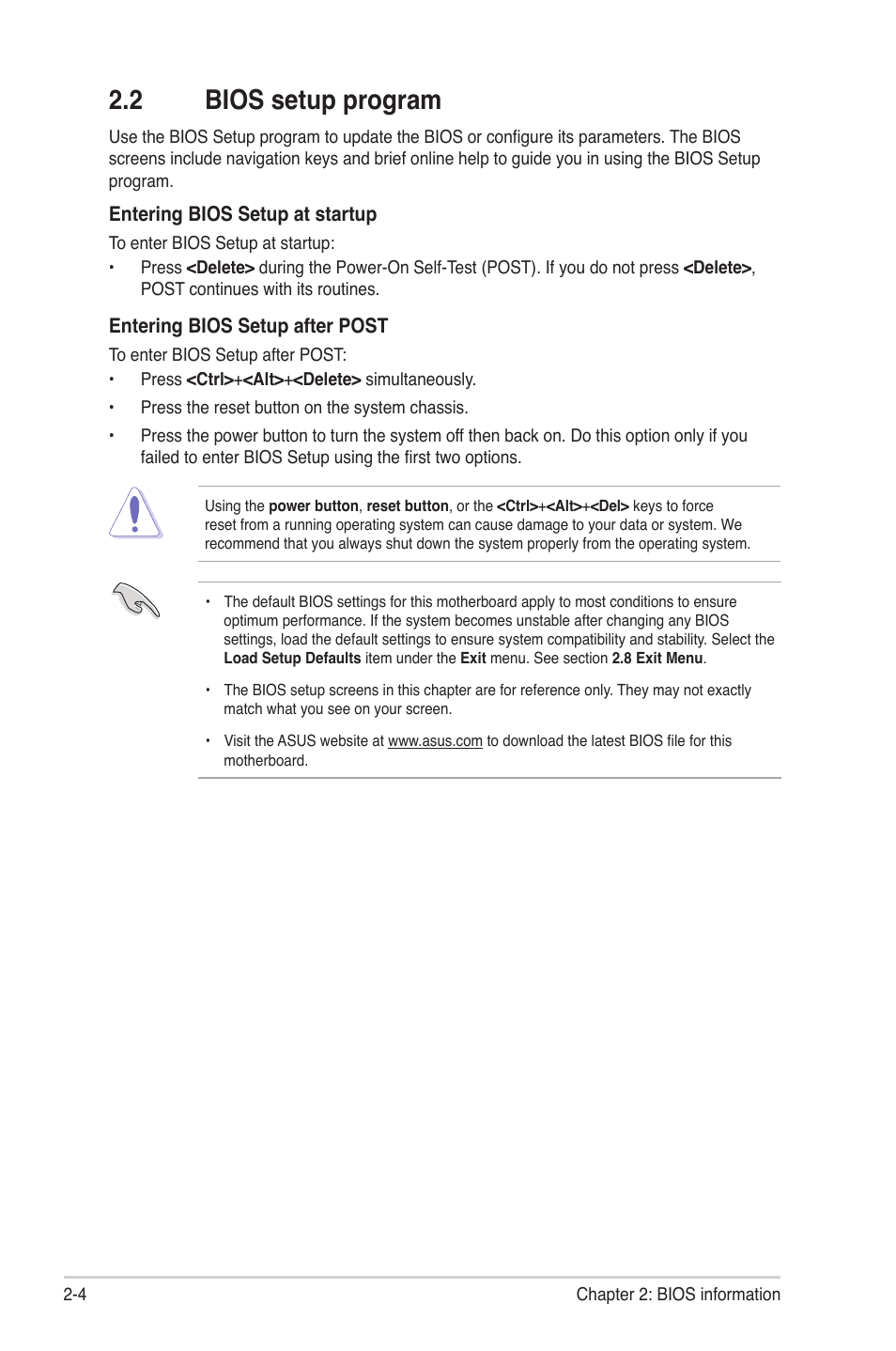 2 bios setup program, Bios setup program -4 | Asus M4A78L-M LE User Manual | Page 46 / 64