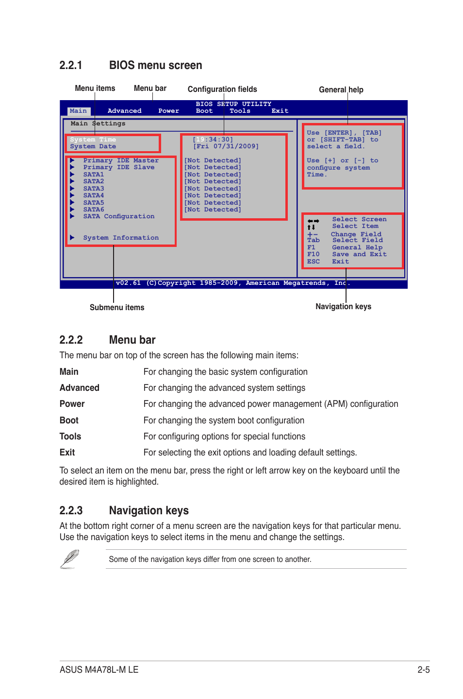 1 bios menu screen, 2 menu bar, 3 navigation keys | Bios menu screen -5, Menu bar -5, Navigation keys -5, 1 bios menu screen 2.2.2 menu bar | Asus M4A78L-M LE User Manual | Page 47 / 64