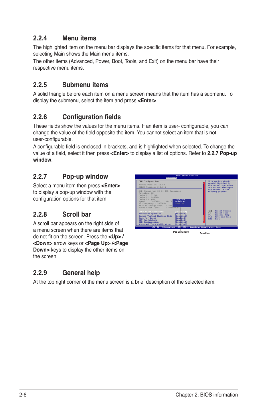 4 menu items, 5 submenu items, 6 configuration fields | 7 pop-up window, 8 scroll bar, 9 general help, Menu items -6, Submenu items -6, Configuration fields -6, Pop-up window -6 | Asus M4A78L-M LE User Manual | Page 48 / 64